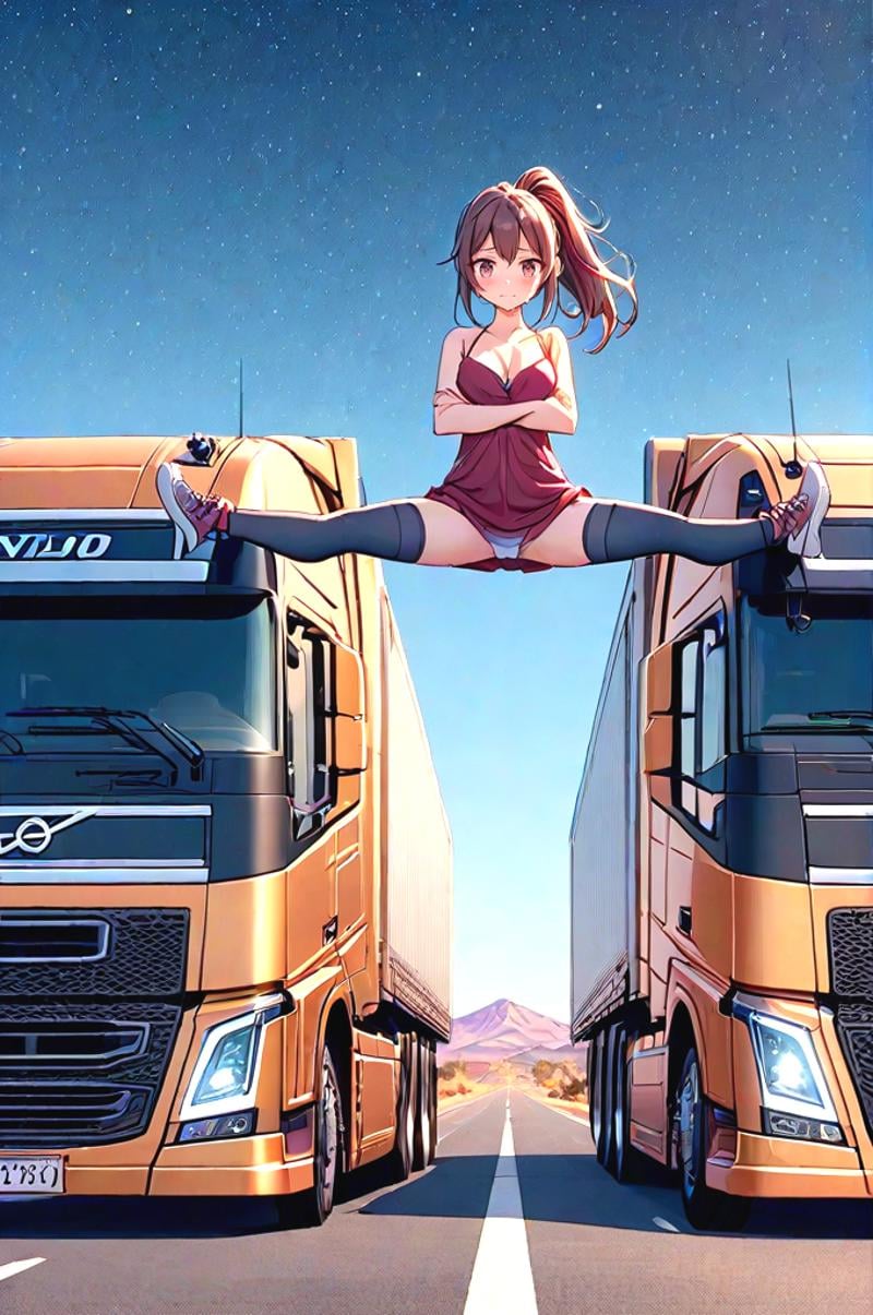 source_anime, score_9, score_8_up, score_7_up, score_6_up, score_5_up, score_4_up, wide shot, pantyshot, big truck, golden truck, epic split, split, crossed arms, spread legs, outstretched leg, sky, wind, volvo, desert road, center line, distant sierra, vanishing point, headlight, closed mouth, night, starry sky, solo, 1girl, cute, looking at viewer, brown hair, absurdly long hair, ponytail, hi-lo dress, panties, black thighhighs, sneakers, sweat, cleavage, shy, blush, slim figure, <lora:girllikeepicsplit_pony:1>