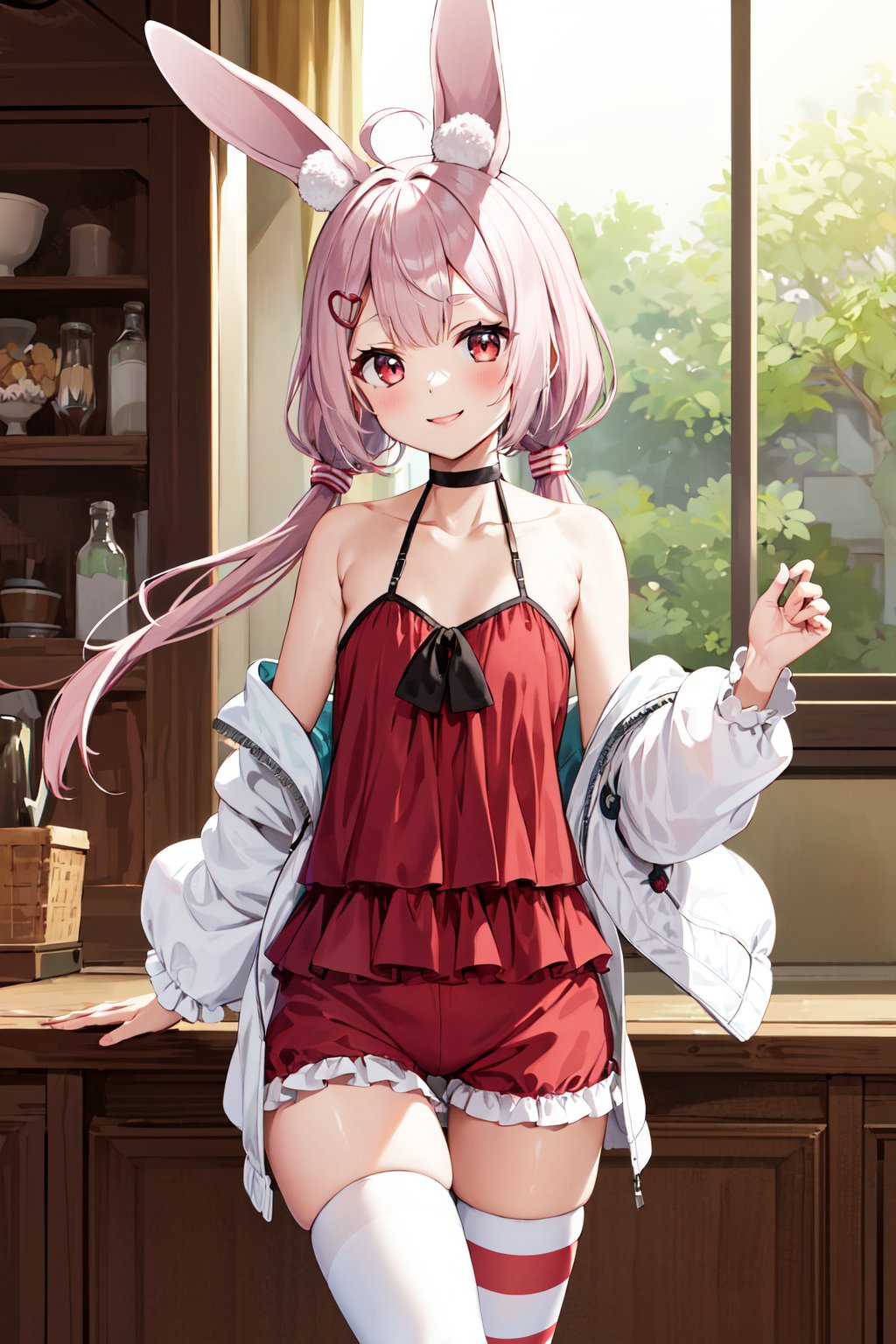 masterpiece, best quality, highres, bbtomari, long hair, low twintails, ahoge, rabbit ears, animal ear fluff, hairclip, choker, camisole, off shoulder, white jacket, red shorts, striped thighhighs, <lora:tomari_mari_v1:0.7>, smile, standing, cowboy shot, indoors