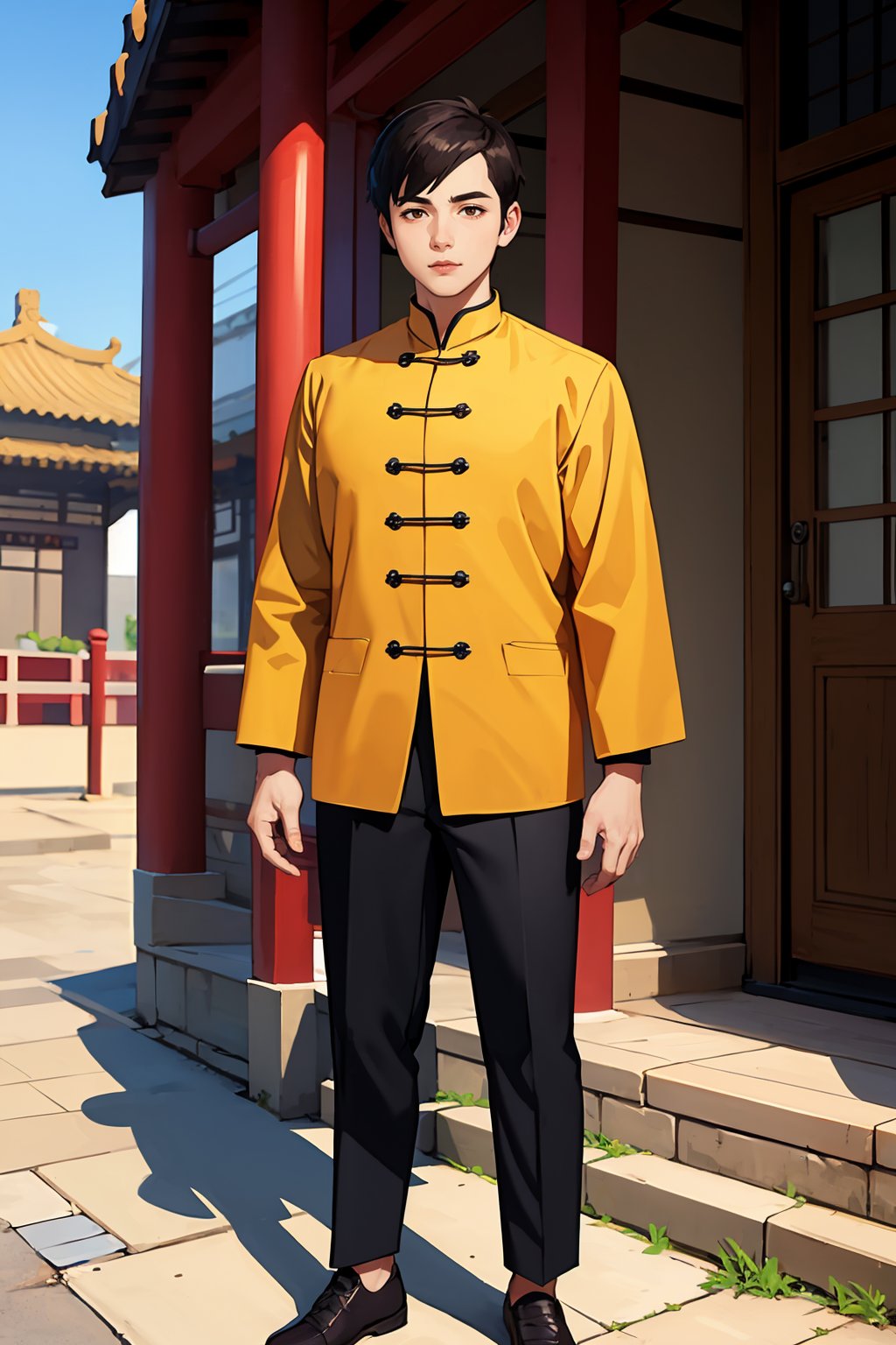 (best quality:1.4),(masterpiece:1.4),(8K:1.4),(extremely detailed:1.4),1boy,solo,brown eyes,(upper body:1.2),looking at viewer,short hair,black hair,chinese clothes,(full body:1.2),standing,chinese style architecture