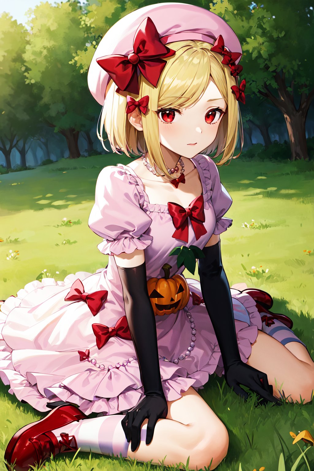 masterpiece, best quality, highres, aalamb, short hair, hair bow, red bow, beret, pink headwear, red eyes, necklace, frills, pink dress, jack-o'-lantern, puffy sleeves, elbow gloves, black gloves, <lora:lambdadelta_v1:0.7>, striped socks, wariza, grass