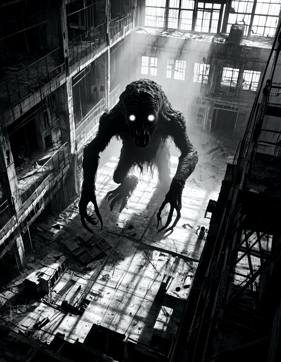 score_9, score_8_up, score_7_up, horrorcctvlora, monochrome, abandoned building, monster, greyscale, dark, glowing eyes, bird view