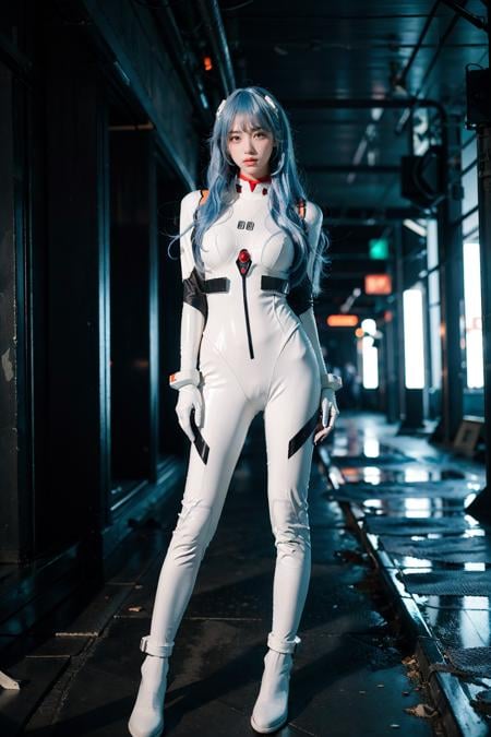 best quality, masterpiece, photorealistic, 1girl, solo, looking at viewer, bangs, full body, closed mouth, expressionless, standing, ayanami_cosplay_costume, plugsuit, blue hair, ayanami rei, pilot suit, cosplay, long hair, interface headset, hairpods, gloves, bracer, skin tight, ( ruins:1.4), night, neon light, cyberpunk, science fiction, future city, detailed background, <lora:ayanami_cosplay_costume_v2:0.65>