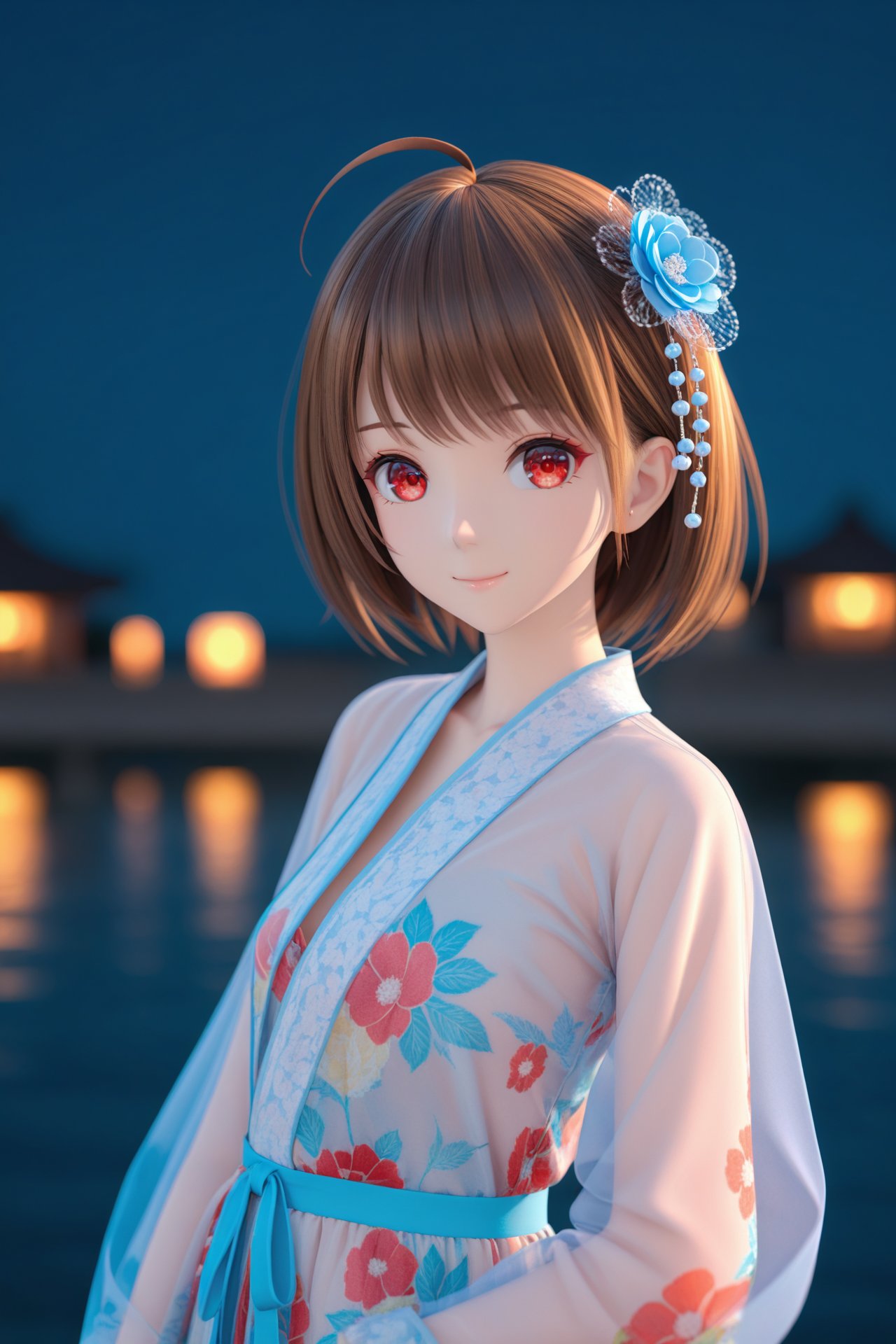 (masterpiece),(best quality),illustration,ultra detailed,hdr,Depth of field,(colorful),mmd,night,1girl,solo,red eyes,looking at viewer,hair ornament,short hair,upper body,brown hair,blurry,ahoge,bangs,see-through,depth of field,hanfu,smile,floral print,closed mouth,