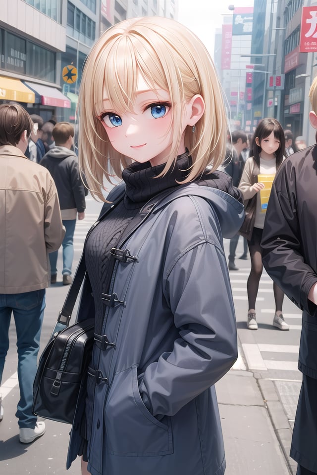 insanely detailed, absurdres, ultra-highres, ultra-detailed, best quality,1girl, solo, nice hands, perfect handsBREAKduffle coat, (turtle neck sweater:1.2), Pleated skirtBREAKhappy smile, laugh, closed mouth, standing,(hands on own chest, arms up:-1.5), standing, cowboy shotBREAKslender, kawaii, perfect symmetrical face, ultra cute girl, ultra cute face, ultra detailed eyes, ultra detailed hair, ultra cute, ultra beautifulBREAKshibuya, akihabara, tokyo, street, crowd, cityscapeBREAK(blonde medium hair, blue eyes), hair between eyes