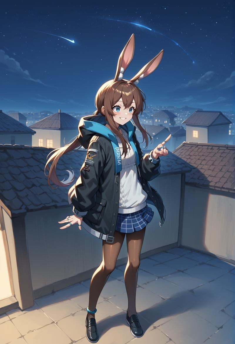 1girl, solo, brown hair, long hair, sidelocks, low ponytail, blue eyes, rabbit ears, blouse, black hooded jacket, ring, blue checkered skirt, brown, pantyhose, Thigh Strap, anklet, outdoors, pointing at another, night, night sky, rooftop, star \(sky\), smile, <lora:Amiya_XL:1>, score_9, score_8_up, score_7_up, score_6_up, score_5_up, score_4_up, BREAK source_anime, masterpiece