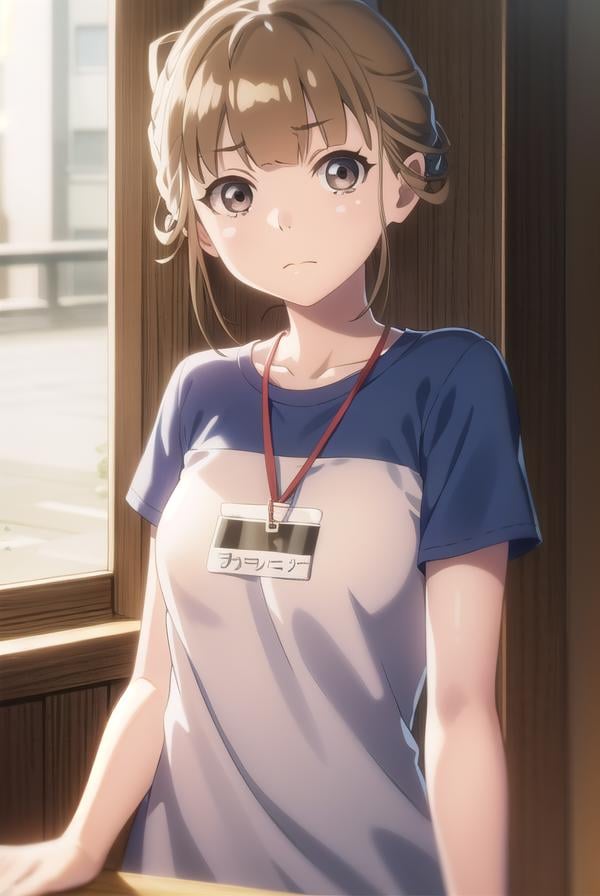 hinatamiyake, <lora:hinata miyake s1-lora-nochekaiser:1>,hinata miyake, short hair, brown hair, (brown eyes:1.5),BREAK shirt, short sleeves, uniform, blue shirt, name tag, id card, employee uniform,BREAK indoors,BREAK looking at viewer,BREAK <lyco:GoodHands-beta2:1>, (masterpiece:1.2), best quality, high resolution, unity 8k wallpaper, (illustration:0.8), (beautiful detailed eyes:1.6), extremely detailed face, perfect lighting, extremely detailed CG, (perfect hands, perfect anatomy),