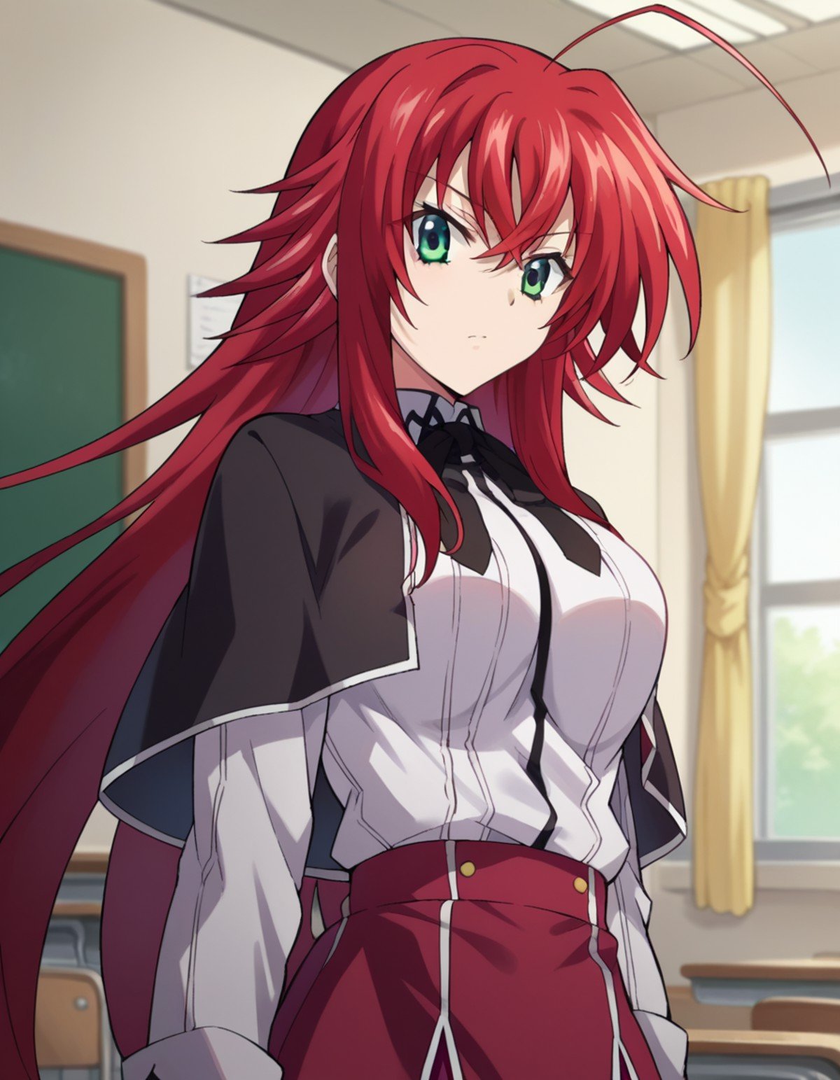 score_9, score_8_up, score_7_up, source_anime,riasgremory, <lora:rias-gremory-ponyxl-lora-nochekaiser:1>,rias gremory, huge ahoge, long hair, hair between eyes, green eyes, red hair,shirt, ribbon, school uniform, white shirt, black ribbon, neck ribbon, capelet, black capelet, long sleeves, skirt, red skirt,indoors, classroom,looking at viewer, dutch angle, cowboy shot,