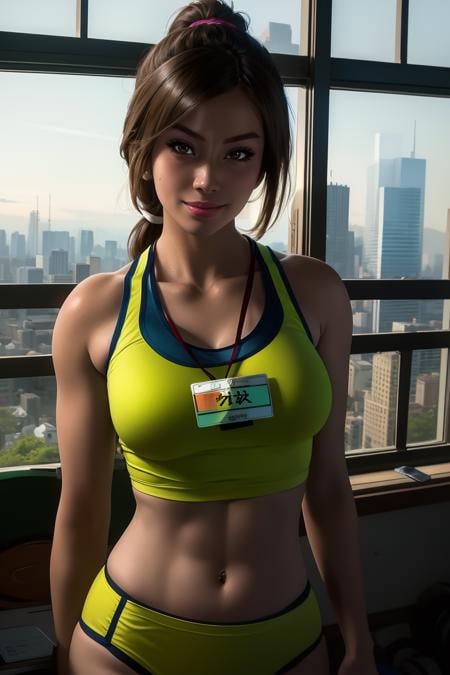 shouko,brown eyes,brown hair,ponytail,green tank top,green underwear,id card,smile,standing,upper body,gym,indoors,window,cityscape,(insanely detailed, beautiful detailed face, masterpiece, best quality),solo,<lora:sugimotoshouko:0.8>,