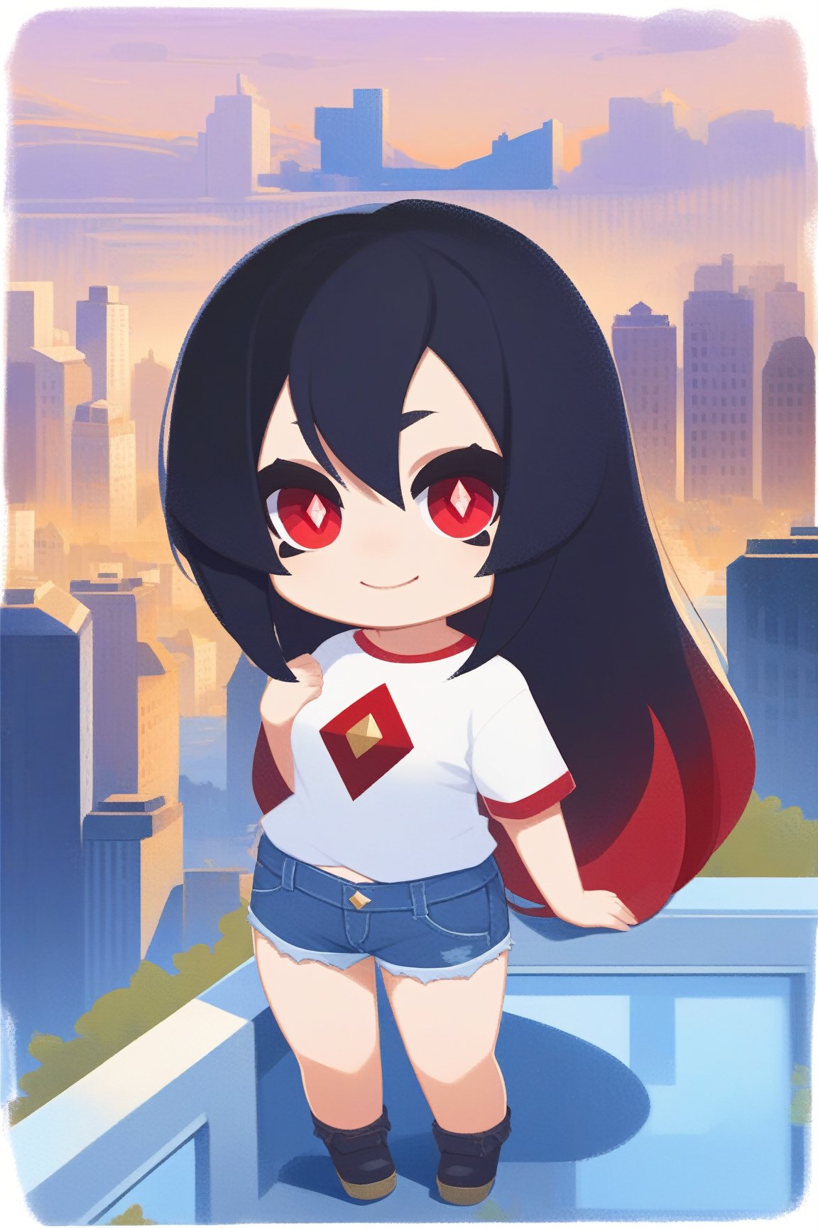 border, chibi, solo, 1girl, smile, looking at viewer, long hair, black hair, red eyes, diamond-shaped pupils, white t-shirt, denim shorts, cityscape scenery <lora:style_onmyoji_xl-000009:1>