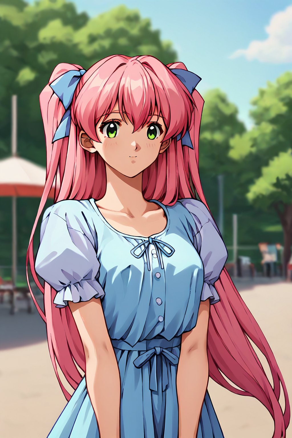 score_9, score_8_up, score_7_up, score_6_up, score_5_up, score_4_up, source_animesaeki kanako, 1girl, pink hair, green eyes, very long hair, two side-up, hair ribbon, blue ribbon, solo, short sleeves, (kanako_blue),blue dress, cowboy shot, hands behind back,masterpiece, perfect face, best quality, beautiful girl, blurry background, cute girl, beautiful eyes, shiny eyes, anime coloring, anime screencap, absurdres, outdoors. <lora:saeki kanako anyt 905:0.8>