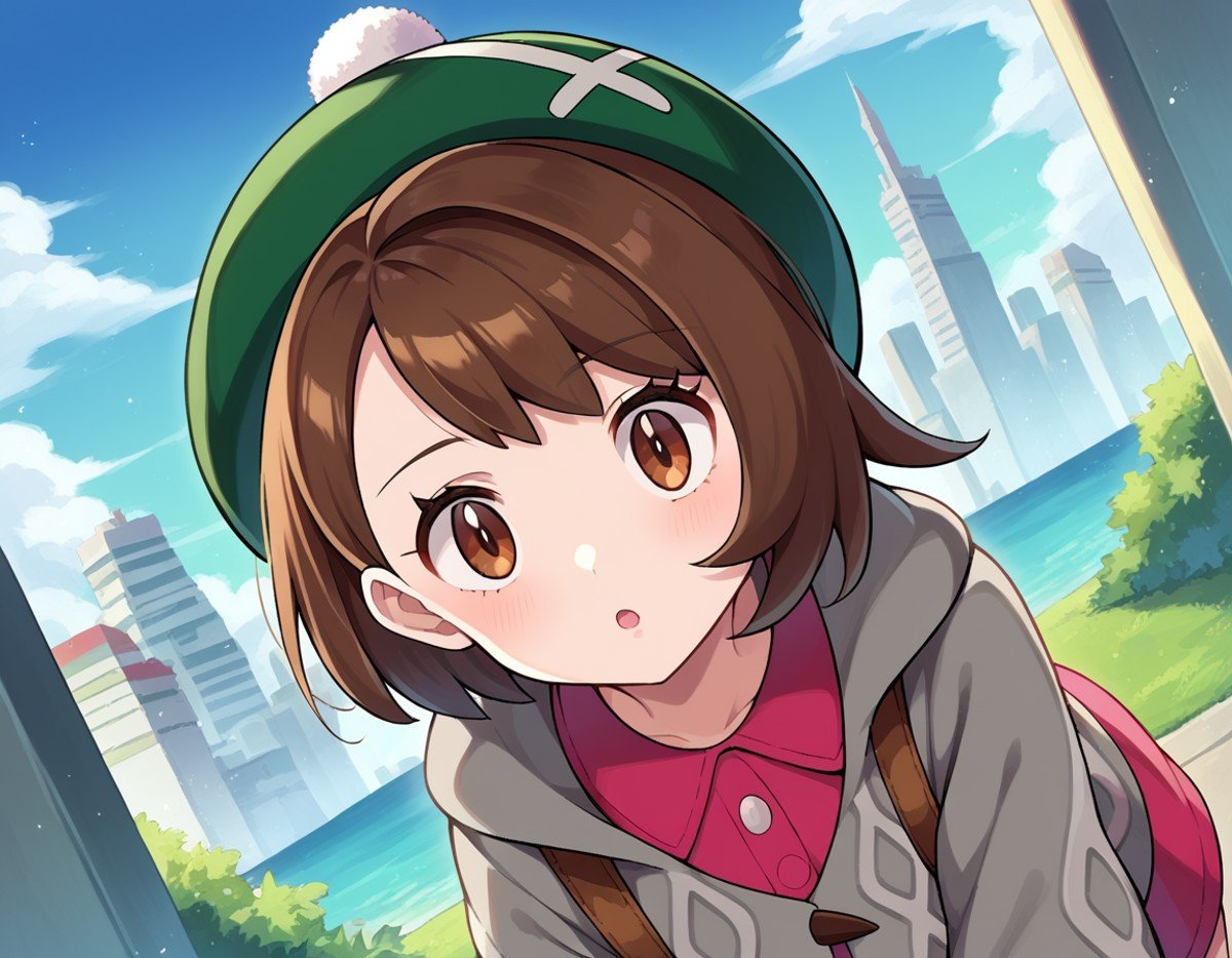 score_9, score_8_up, score_7_up, source_anime,pokemongloria, <lora:pokemon-gloria-ponyxl-lora-nochekaiser:1>pokemongloria, brown eyes, brown hair, medium hair,cardigan, dress, green headwear, grey cardigan, hood, hood down, hooded cardigan, long sleeves, pink dress, short dress,outdoors, cityscape, bent over,looking at viewer, cowboy shot, dutch angle,