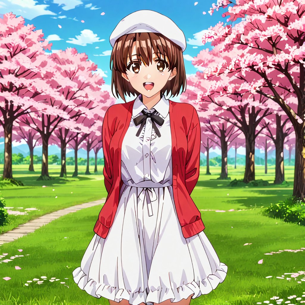 satou nozomi,1girl, outdoors, solo, brown hair, hat, cherry blossoms, white headwear, tree, smile, brown eyes, looking at viewer, open mouth, short hair, day, arms behind back, red jacket, sky, beret, blue sky, skirt, neck ribbon, ribbon, frills, jacket, breasts, dress, petals, shirt, cloud, open clothes, black ribbon, cowboy shot, :d, long sleeves, white shirt, blush, white dress, teeth, medium breasts, open jacket, standing, grass, collared shirt, cardigan, upper teeth only, red cardigan, white skirt,masterpiece, perfect face, best quality, beautiful girl, cute girl, beautiful eyes, shiny eyes, anime coloring, anime screencap, absurdres, award winning,<lora:satou nozomi anim:0.8>