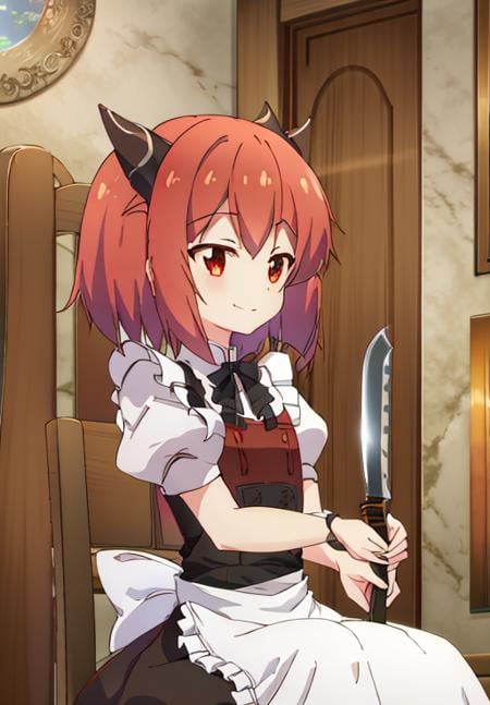 <lora:Killing_Slimes_300_Yrs_Max_Level:1>, Laika, solo, smile, open mouth, shirt, dress, bow, ribbon, sitting, white shirt, upper body, short sleeves, :d, red hair, frills, horns, puffy sleeves, indoors, bowtie, medium hair, apron, puffy short sleeves, looking to the side, maid, black ribbon, black bow, neck ribbon, buttons, chair, looking away, parody, red dress, knife, demon horns, red shirt, black bowtie, door, pinafore dress, style parody, painting (object), anime coloring