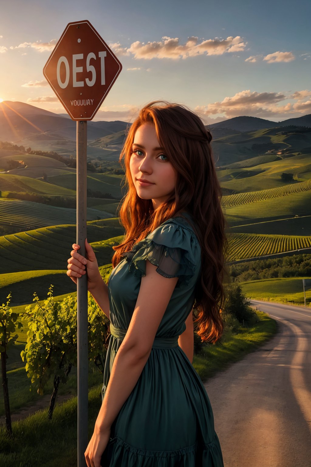 masterpiece, highly detailed 8k, best quality, volumetric lighting, volumetric lighting, intricate, Mahogany medium hair young woman in Road Sign Blue rfdrss, Glowing, Grass Green eyes, Sunrise over Tuscany Vineyards background <lora:ruffled dress v4.3-000007:1>
