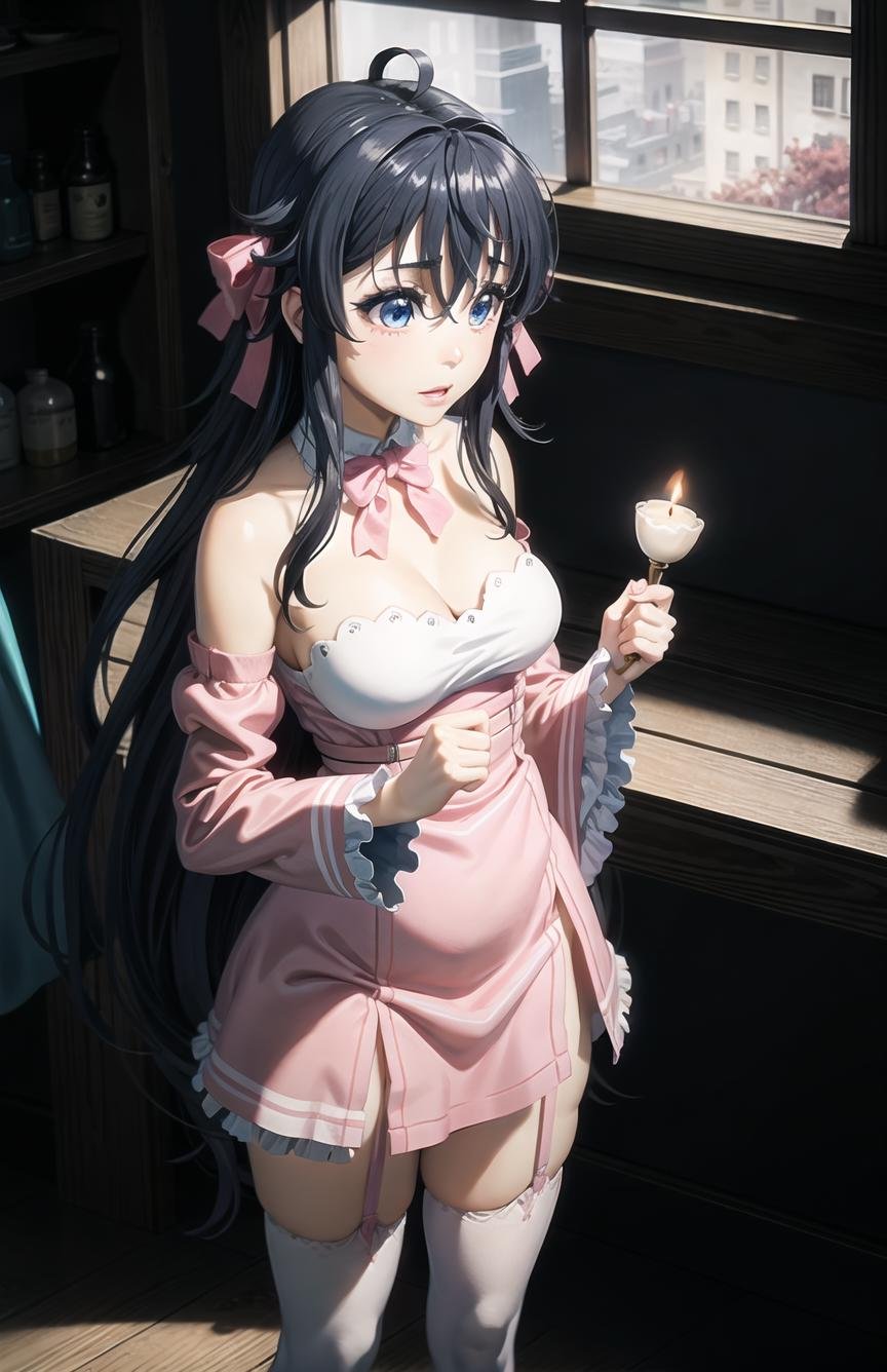 Ako_(LA Avatar), 1girl, masterpiece, dramatic lighting, 8k, 4k, warm lighting, waist up, own hands together,  black hair, detailed face+blue eyes, pink dress, pink hair bow,  pink neck_bow, bare shoulders,   white thighhighs, garter straps, indoors, background: indoor bar, wooden furniture, alcohol shelves, candle lit room,  <lora:Ako_LA_AVATAR_V5.1:0.7>