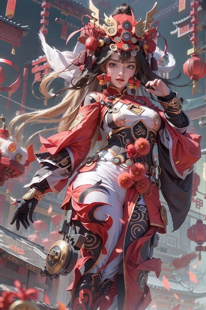 (low angles, ultrawide), Orange inverted rune, Mecha woman, armour, action doll, Delicate eyebrows, Beautiful facial features and figure: 1.2), sparkling runes, (spinning reels: 1.2), , bodily fluids, (Chinese knot:1.3), (new year,garments:1.5), (red new year clothes), sport, best images quality, 3 Rendering, Look up, wide angles, fish eye, Lens focus, Surreal and detailed, high detail texture, Super quality, 1 girl, 16k, Flowing reels, perfect hand