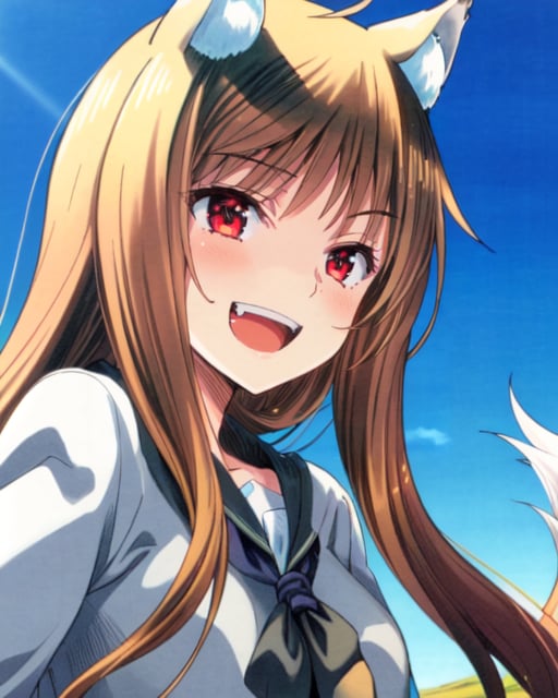 <lora:holoLoconV0:0.9>, (masterpiece),(best quality), holo manga, 1girl, wolf girl, (smug), smile, open mouth,  confident,  4k, 8k UHD, cinematic lighting, day, blue sky