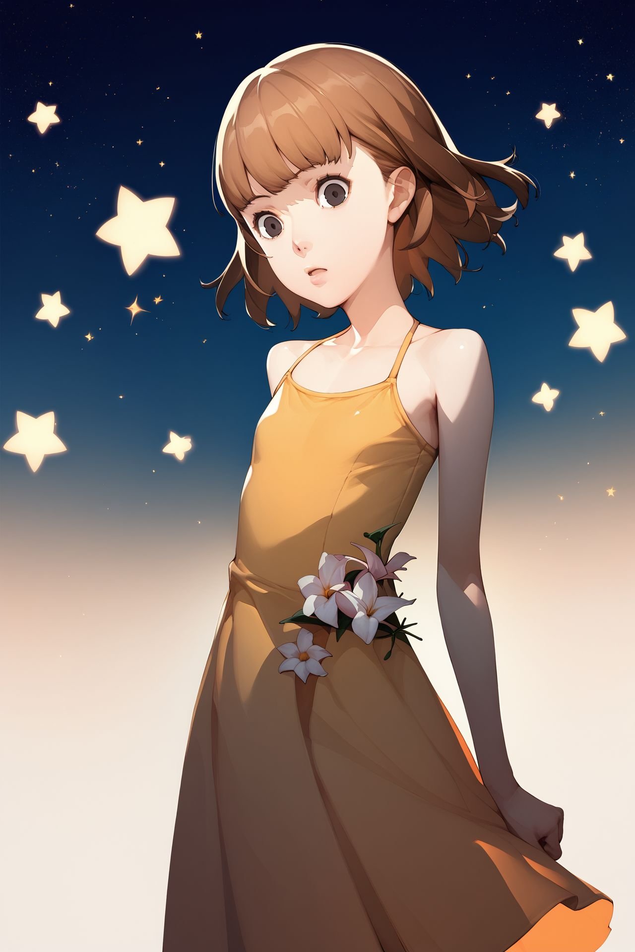 score_9, score_8_up, score_7_up, 1girl, surprise, looking at viewer, brown hair, full_bangs, black eyes, flat chest, sheath dress, Star_of_Bethlehem \(flower\), sepia_background <lora:Soejima_Shigenori_PonyXL_style_v01:1>