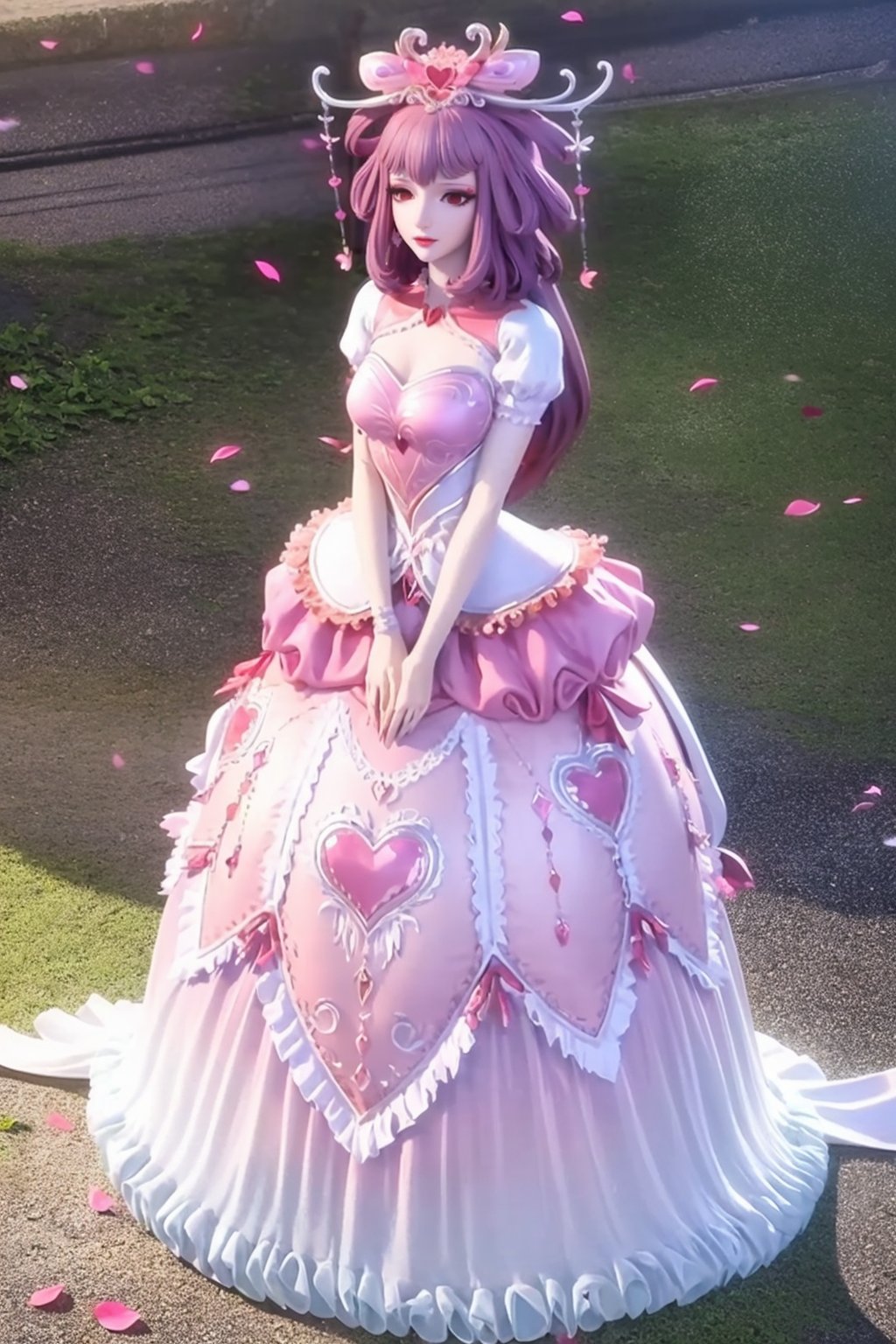 <lora:情公主-000008:0.7>,1girl,solo,(gown:1.4),(pink dress:1.4),(dress:1.2),hair ornament,masterpiece,(best quality),official art,extremely detailed cg 8k wallpaper,((crystalstexture skin)),(extremely delicate and beautiful),highly detailed,petals,petals_on_liquid,cherry_blossoms,hair_ornament,flower,rose_petals,day,looking_at_viewer,(full body:0.5),