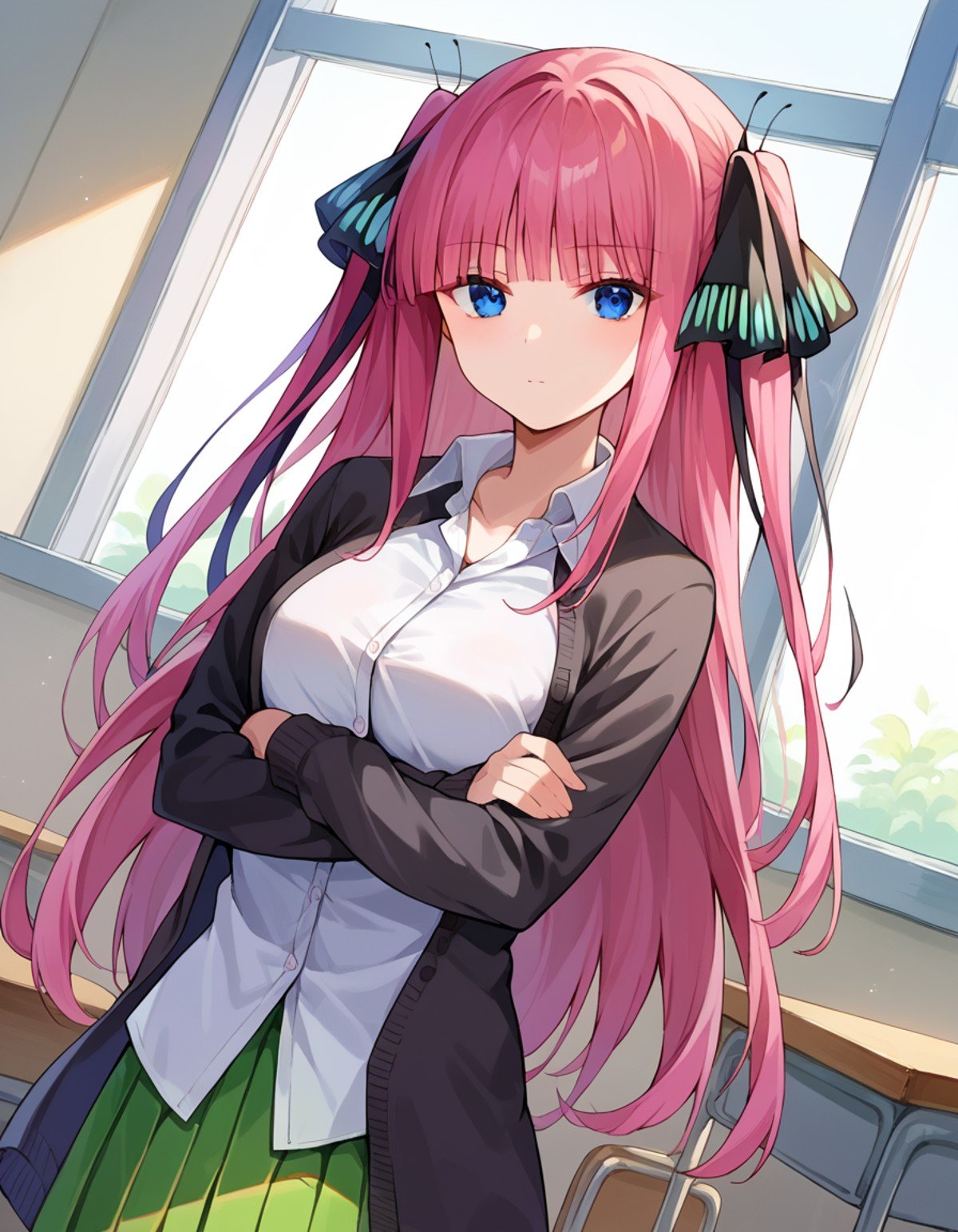 score_9, score_8_up, score_7_up, source_anime,ninonakano, <lora:nino-nakano-pruned-ponyxl-lora-nochekaiser:1>,nino nakano, long hair, bangs, blue eyes, hair ornament, hair ribbon, pink hair, blunt bangs, two side up, butterfly hair ornament, mature female,skirt, shirt, long sleeves, white shirt, pleated skirt, open clothes, collared shirt, sleeves past wrists, dress shirt, cardigan, green skirt, open cardigan, black cardigan, crossed arms,indoors, classroom,looking at viewer, cowboy shot, dutch angle,