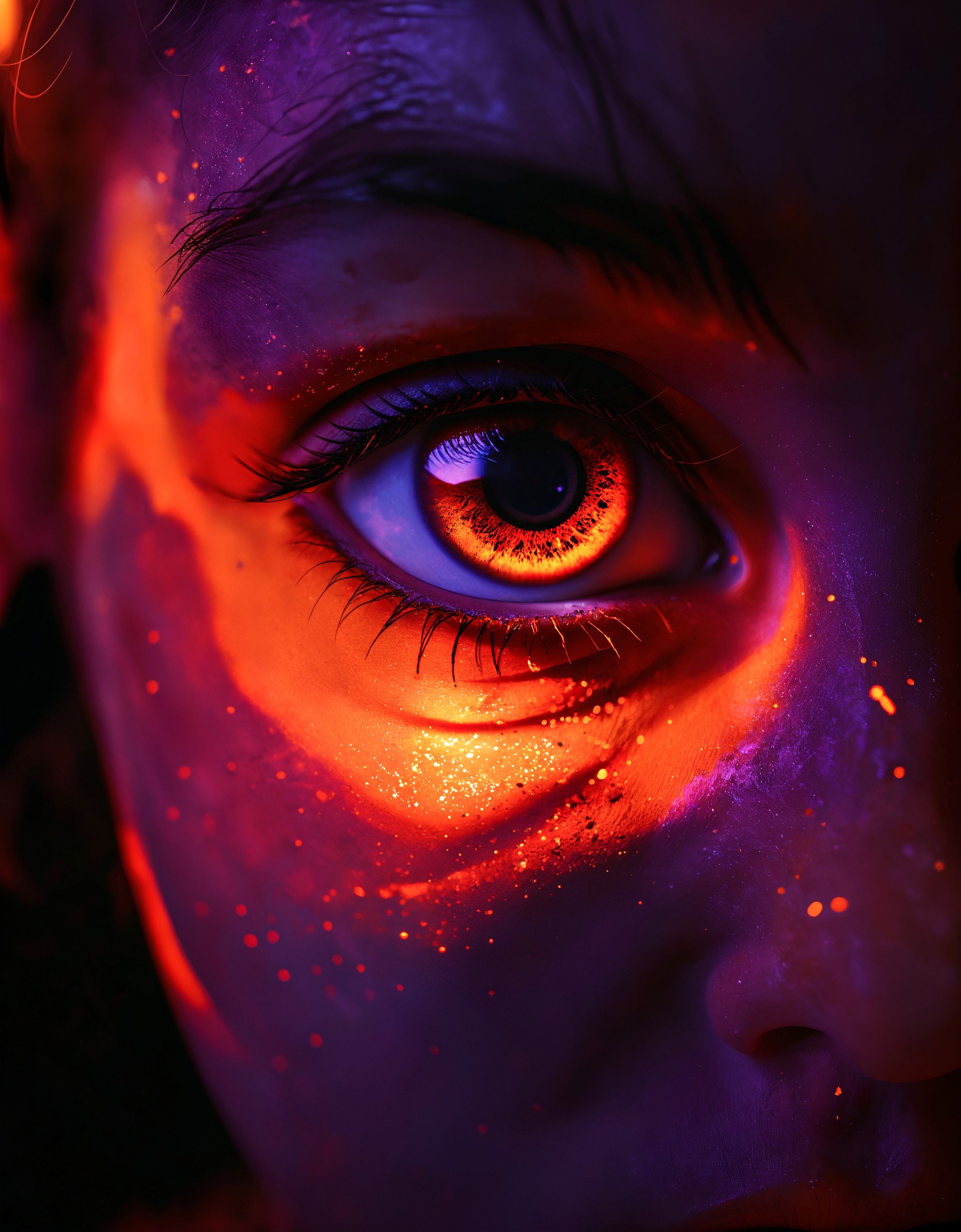 zavy-flrscnc, fluorescent, glowing dust, fluorescent dust, fluorescent spraypaint, fluorescent grain, fluorescent make-up, glowing eyes, dust, cinematic film still of a beautiful macro eye close-up, bright eye, photorealistic, 100mm f/2.8 macro lens,