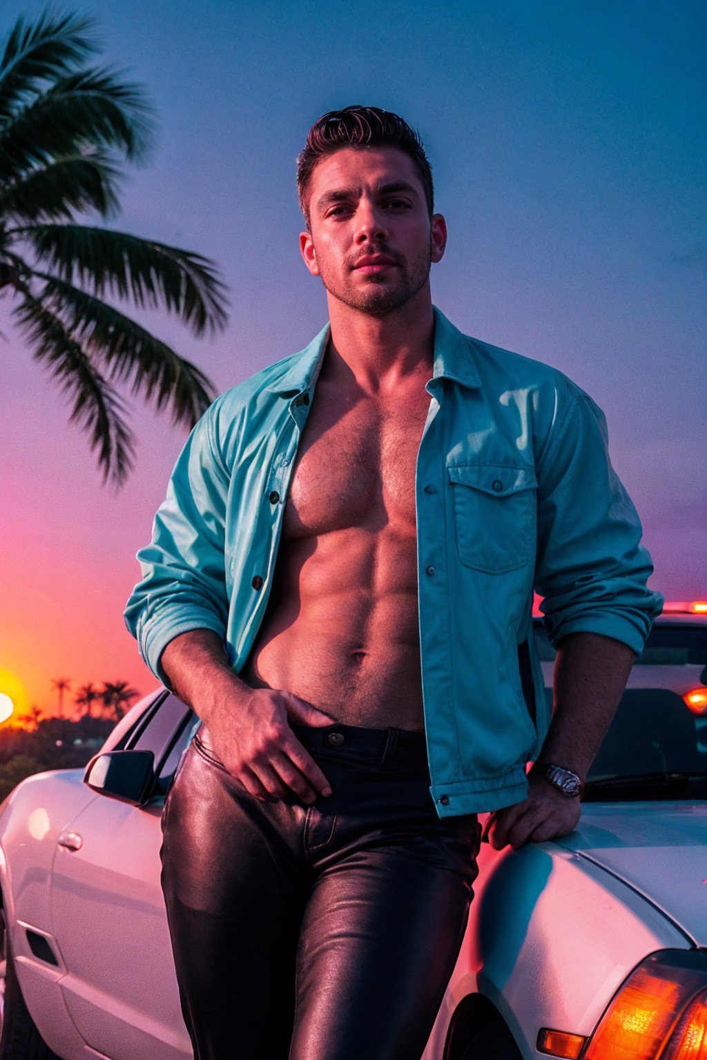photo of a rugged man wearing jacket leaning on a car, leather pants, real 1990s black car, miami vice city background, (vaporwave style), (pink lights, blue hue), fog, sunset, night, palm trees, infinite highway, vaporware sun, muscular, realistic, highly detailed, realistic eyes, intricate details, detailed background, depth of field