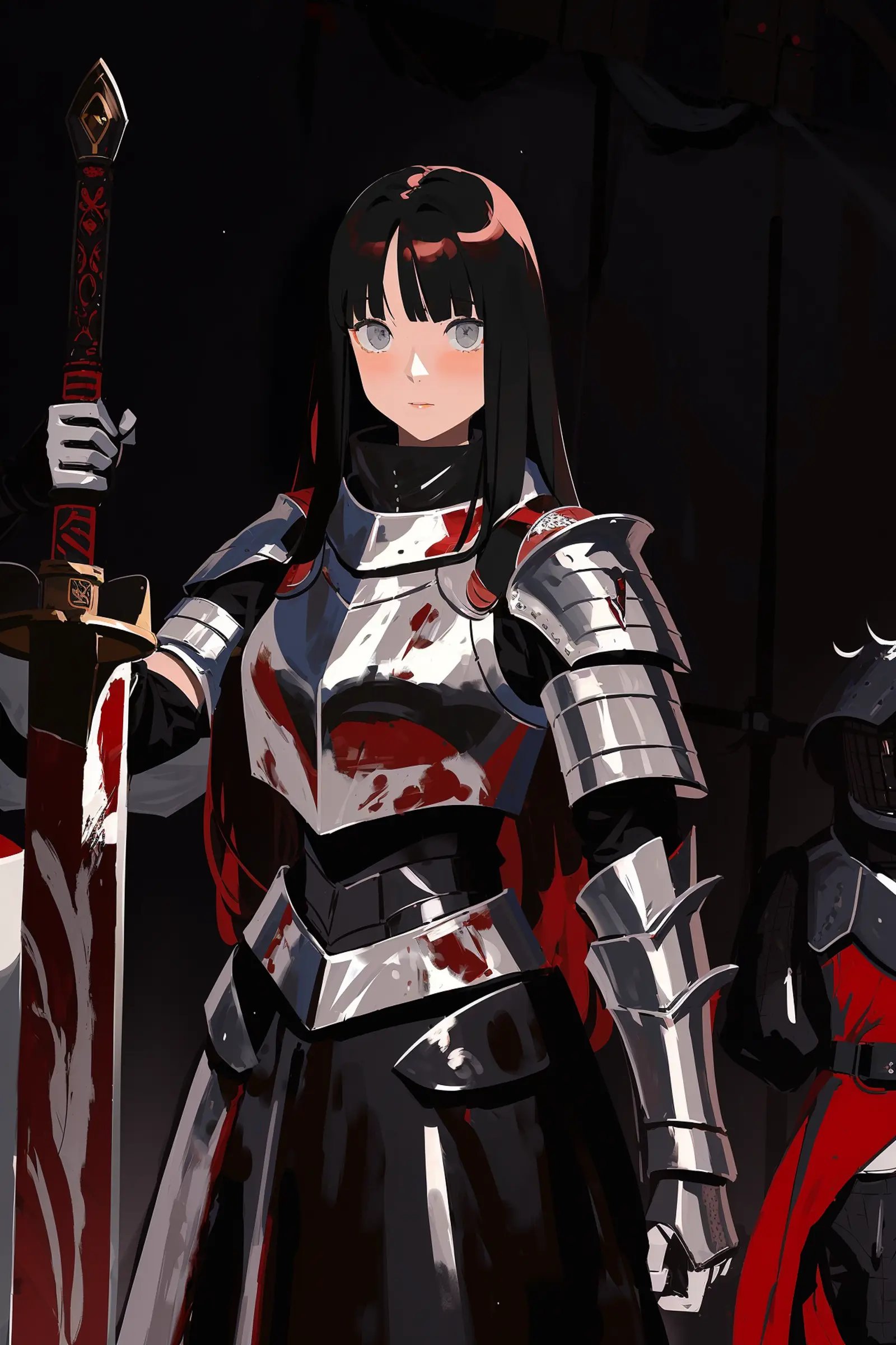 by naji yanagida, weapon, 1girl, armor, sword, black hair, holding sword, long hair, holding weapon, holding, monster, blood, breastplate, gloves, grey eyes, plate armor