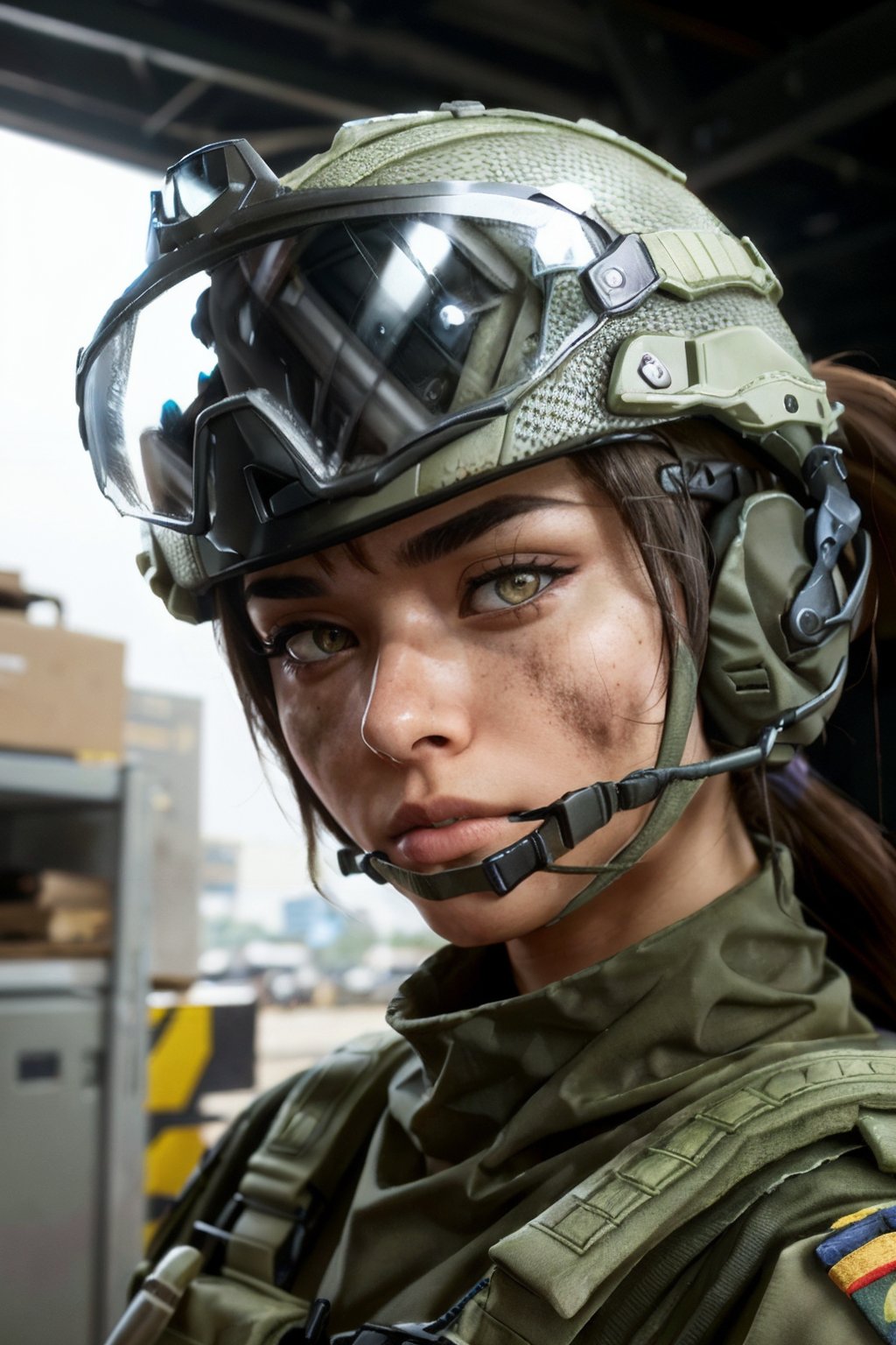 blasco, yellow eyes, dirty face, helmet, goggles on helmet, headset, ponytail, military clothes, bulletproof vest, shoulder pads, looking at viewer, serious, close up, inside, garage, bright lighting, high quality, masterpiece, <lora:blasco-08new:.8>