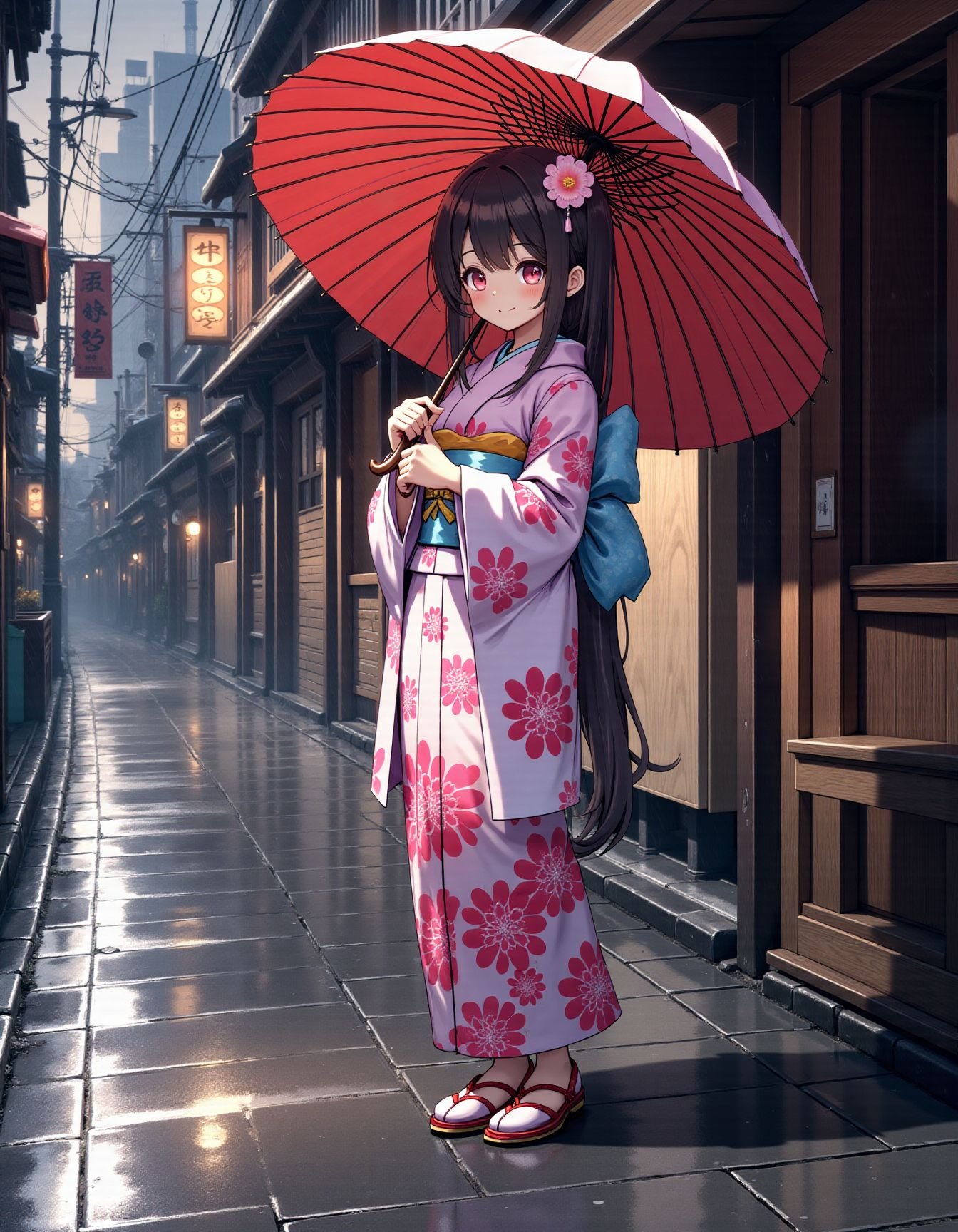 1girl holding umbrella, kimono,rainy street