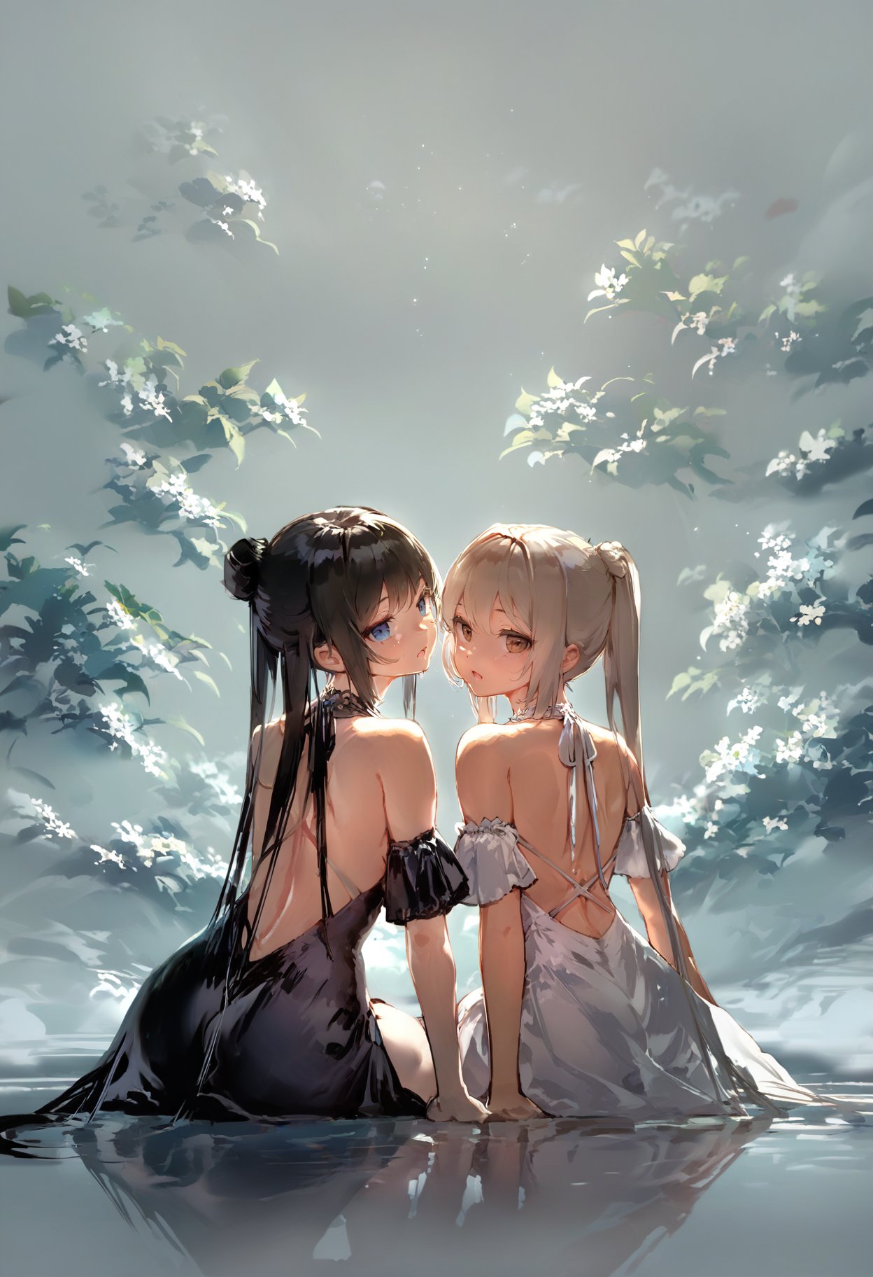 score_9, score_8_up, score_7_up, score_6_up, <lora:anmiXL_P6_lokr_V53P1:0.95> multiple girls, 2girls, dress, long hair, black dress, blue eyes, black hair, backless dress, yuri, hair bun, bare shoulders, backless outfit, water, sitting, white dress, bangs, twintails, very long hair, ponytail, looking at viewer, detached sleeves, bare back, single hair bun, brown eyes, looking back, from behind, open mouth