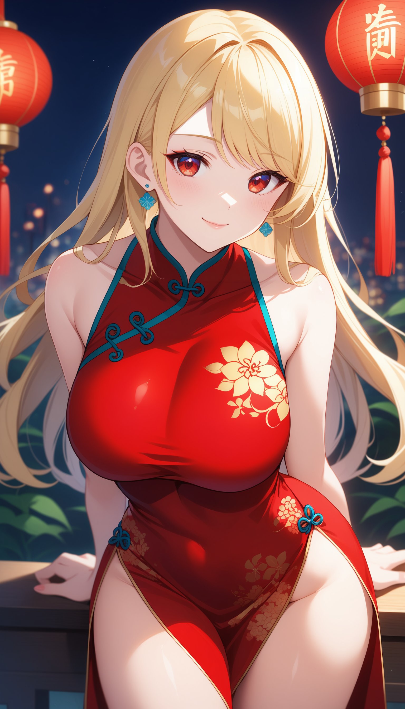 score_9, score_8_up, score_7_up, intricate details,1girl, dress, chinese clothes, china dress, solo, long hair, blonde hair, looking at viewer, smile, earrings, red dress, jewelry, red eyes, floral print, bare shoulders, leaning forward, closed mouth, sleeveless, sleeveless dress, thighs, cowboy shot, side slit, bare arms, large breasts, swept bangs, arm behind back,