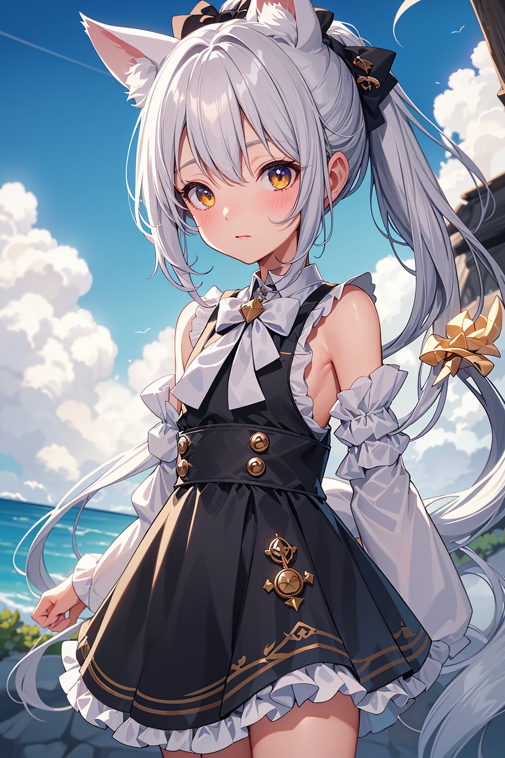 Best quality, perfect lighting, Blue sky white clouds,Outdoor, Blush,double ponytail, extra ears, cat ears , bare shoulders,In a maid costume, Gradual pupil appears intense,A small tuft of gray white hair on the head,a yellow bow tied to the chest, and a brooch symbolizing a witch.(loli:1.7), <lora:YG萌萌哒兽耳娘:0.75>,