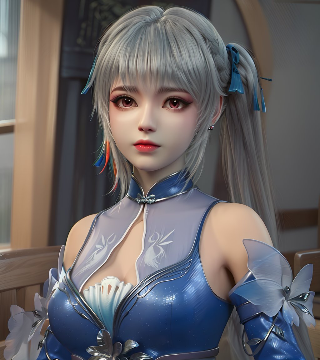 3D,masterpiece,(best quality),(makeup),official art, extremely detailed cg 8k wallpaper,((crystalstexture skin)), (extremely delicate and beautiful),(highly detailed),(face),(double_ponytail),(collar),(1girl), (solo), (jewelry), (earrings),(white_hair),(long_hair),(hair_ornament),(handwear),(long_sleeves),(breast),((portrait)),(dress),(chinese_clothes),(multicolored_clothes),(multicolored_dress),,(shiny_clothes),(closed_mouth),(room,bed),((looking_at_viewer)),((Facing the camera)),, <lora:hipoly3DModelLora_v10:0.3>