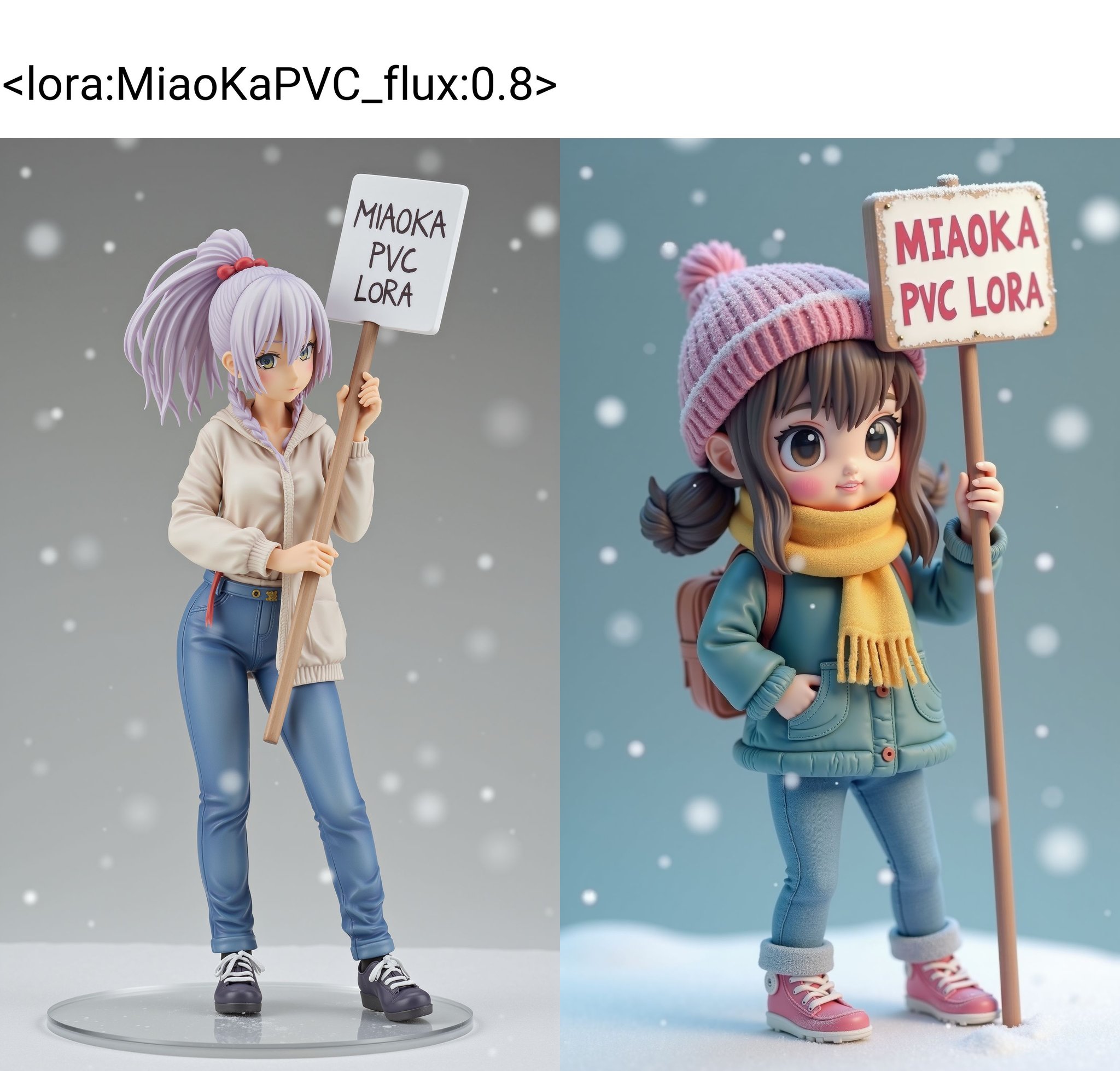 a 3D rendering of a figurine ,1 girl in casual clothing holding (a sign that reads “MIAOKA PVC LORA”,It's snowing). <lora:MiaoKaPVC_flux:0.8>