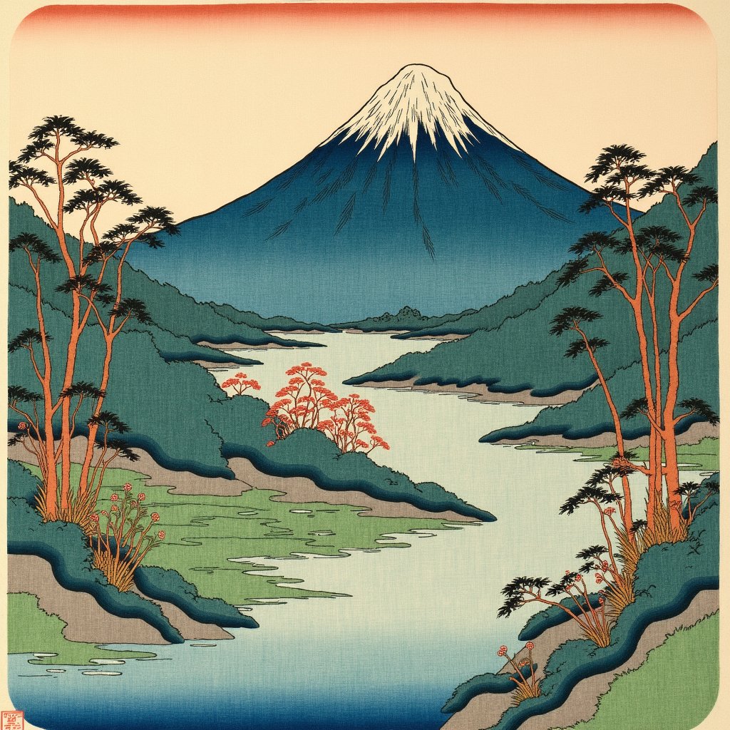 there is a painting of a mountain and a stream in the foreground,japanese scenery in edo period,Ohara Koson,japanese woodblock print,Hiroshige,japanese print art,1 8 th century japanese painting,Hiroshi Yoshida,Utagawa Hiroshige II,japanese landscape,in japanese woodblock print,Takehisa Yumeji,lush japanese landscape,ukiyoe,japanese woodblock,ukiyo e,ukiyo - e painting,old japanese art,ukiyoe painting,ukiyo-e art,ukiyo - e art,classical japanese art,ukiyo-e print,ukiyo - e,sosaku hanga,ukiyo-e,colored woodblock print,shinsui ito,traditional japanese painting,Koson Ohara,Itō Shinsui,hiroo isono,master color woodblock print,