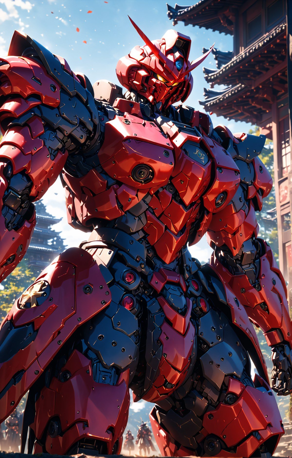 (red and black mecha), gundam, masterpiece,best quality,ultra-detailed, anime screencap,extremely detailed,intricate details,highres,cowboy shot, samurai armor (masterpiece, best quality:1.75), (Depth of field hdr 8k 4k wallpaper cinematic angle, cinematic lighting,:1.5) (masterpiece, best quality:2.0), (Depth of field hdr 8k 4k wallpaper cinematic angle, cinematic lighting,:1.5) (masterpiece, best quality:2.0)