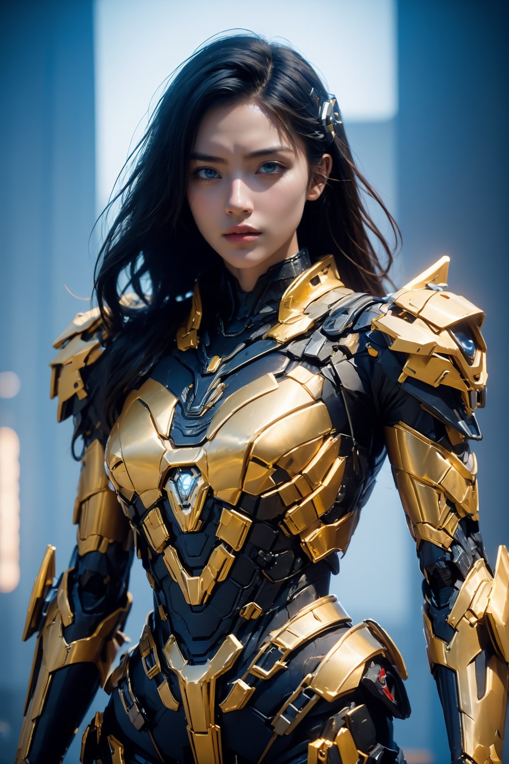 <lora:AgainRealistic_v2.0:1>,AgainRealistic_v2.0, 1girl, red long hair, solo, blue eyes, looking at viewer, upper body, blue armor, highly reflective armor, realistic, science fiction, power armor, bodysuit, cyborg, black hair, cyberpunk, 