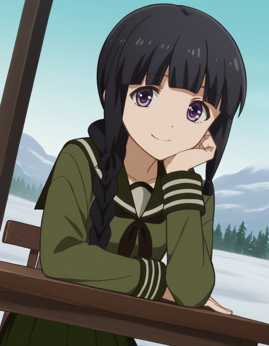 score_9, score_8_up, score_7_up, source_anime, <lora:kancolle-kitakami-s1-ponyxl-lora-nochekaiser:1>, kitakami, long hair, bangs, black hair, purple eyes, braid, blunt bangs, single braid, hair over shoulder, kitakami (kancolle), skirt, school uniform, serafuku, green skirt, pleated skirt, green shirt, green sailor collar, snow day, winter clothes, snowball fight, laughter, cold breath, white landscape, smile, looking at viewer, sitting, elbow rest, table,, solo,, cowboy shot, dutch angle