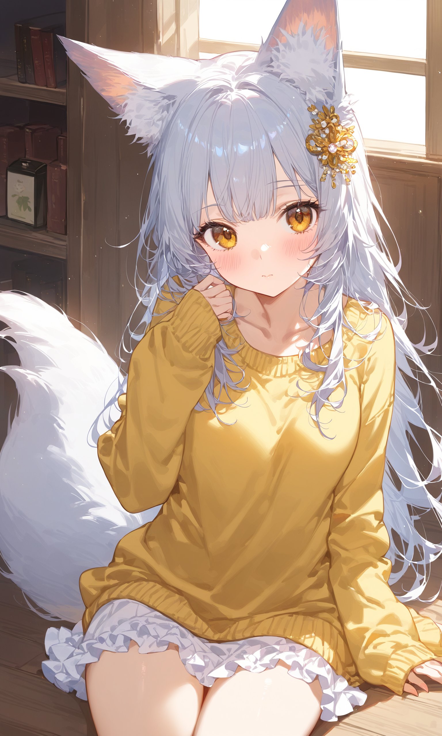 1girl, solo, long hair, looking at viewer, blush, bangs, skirt, hair ornament, long sleeves, animal ears, brown eyes, sitting, closed mouth, tail, yellow eyes, white hair, grey hair, frills, indoors, sweater, animal ear fluff, sleeves past wrists, fox ears, fox tail, white skirt, frilled skirt, fox girl, yellow sweater,masterpiece, best quality, score_9, score_8_up, score_7_up, ultra-detailed, Best-A, Medium-B, Low-C, Bad-D,