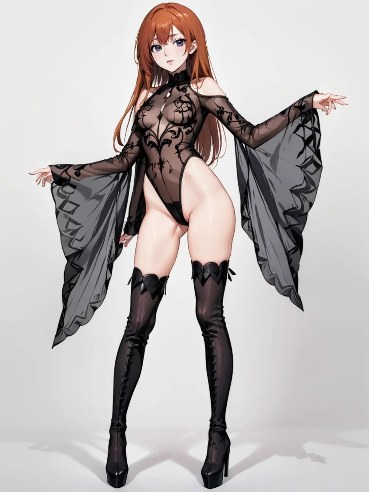 1girl, long hair, ginger hair, <lora:g0thsh33rb0dysu1tXL:0.6> g0thsh33rb0dysu1t, thigh boots, see-through leotard, wide sleeves, long sleeves, full body, 