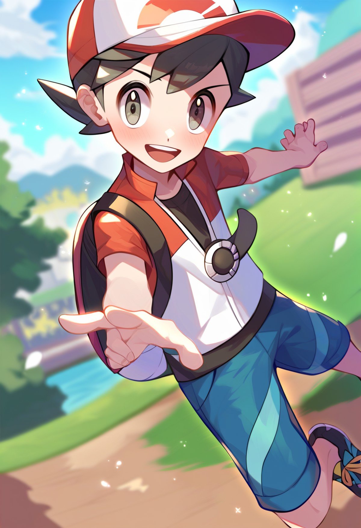 score_9_up, score_8_up, score_7_up, score_6_up, score_9, cute, 1boy, solo, chase_pokemon, black hair, grey eyes, red with white headwear, red with white jacket, black shirt, blue shorts, black footwear, black backpack, best quality, amazing quality, best aesthetic, absurdres ,source_anime, source_, score_5_up<lora:EMS-360544-EMS:1.000000>