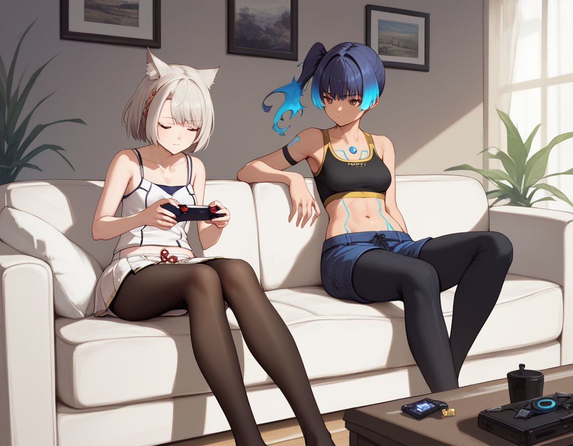 score_9, score_8, score_7, source_anime,<lora:xb3-ponyxl-000003:0.45>2girls, living room, sofa, playing gamesBREAKmio, black pantyhose, chest jewel, midriff, navel, skirt, white camisole, white skirtBREAKsena, blue hair, black sports bra, chest jewel, crop top, leggings, navel, shorts, shoulder strap