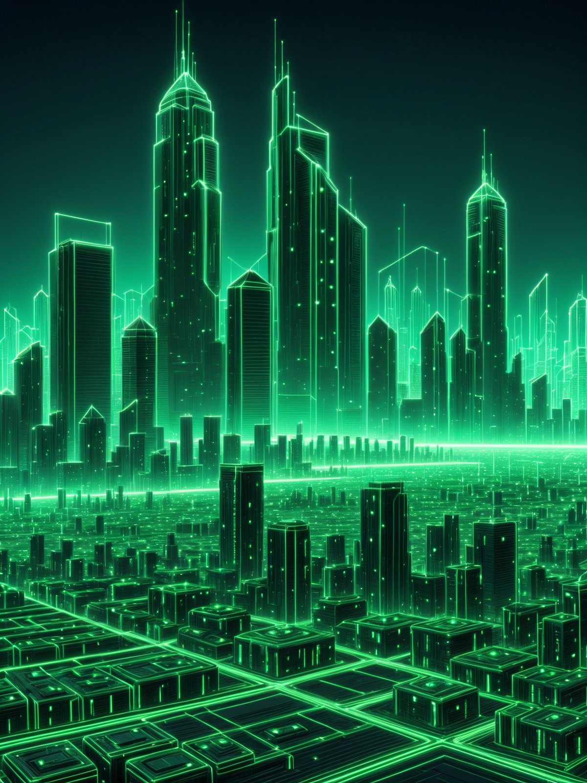 city skyline, emerald glowing outlines, green coloring, dynamic pose, grid, motion blur, cyberpunk, 1980s, retro, scifi <lora:Neon_Cyberpunk_SDXL_-_Cyberspace:1>, (masterpiece:1.2), best quality, (hyperdetailed, highest detailed:1.2), high resolution textures