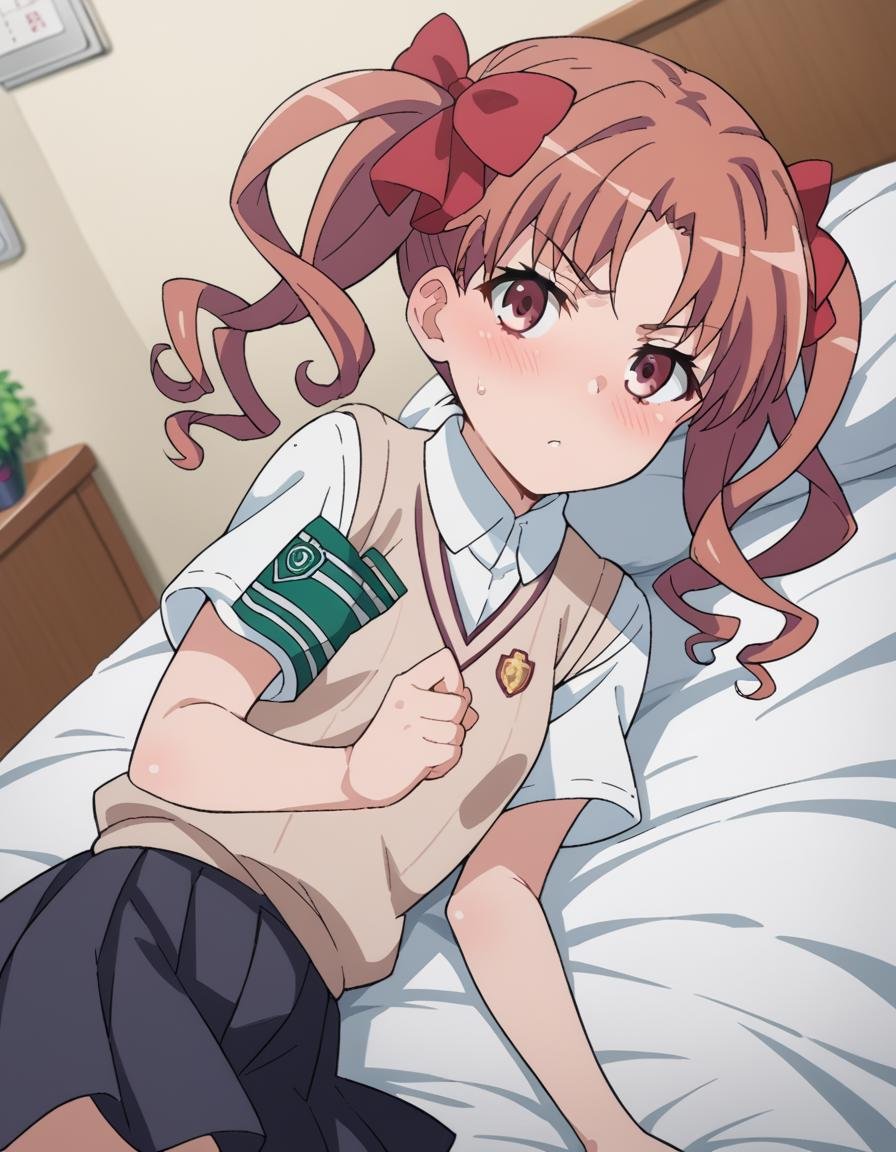 score_9, score_8_up, score_7_up, source_anime,kurokoshirai, <lora:kuroko-shirai-s3-ponyxl-lora-nochekaiser:1>,kuroko shirai, brown hair, long hair, parted bangs, brown eyes, ringlets, twintails, hair bow, bow, red bow,armband, black skirt, collared shirt, dress shirt, pleated skirt, safety pin, school uniform, shirt, short sleeves, skirt, summer uniform, sweater vest, tokiwadai school uniform, twintails, white shirt, brown sweater vest,indoors, bed, bed room, on side, blush, drunk,looking at viewer, dutch angle, cowboy shot,