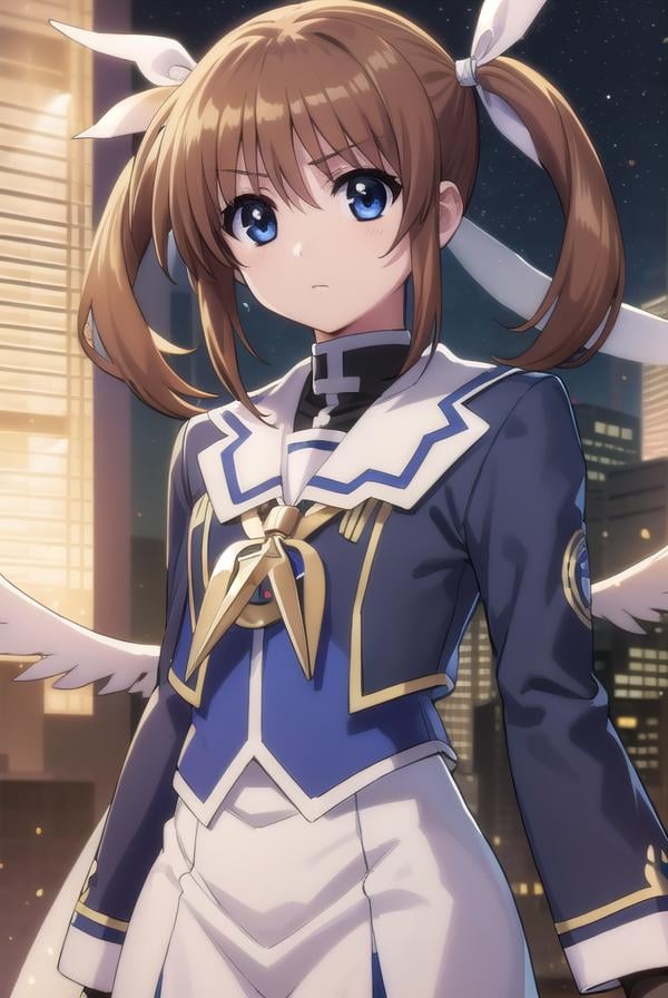 nanohatakamachi, <lora:nanoha takamachi movie2-lora-nochekaiser:1>,nanoha takamachi, takamachi nanoha, brown hair, twintails, blue eyes,BREAK gloves, long sleeves, wings, fingerless gloves, magical girl, winged footwear,BREAK outdoors, city, night, starry sky,BREAK looking at viewer, (cowboy shot:1.5),BREAK <lyco:GoodHands-beta2:1>, (masterpiece:1.2), best quality, high resolution, unity 8k wallpaper, (illustration:0.8), (beautiful detailed eyes:1.6), extremely detailed face, perfect lighting, extremely detailed CG, (perfect hands, perfect anatomy),