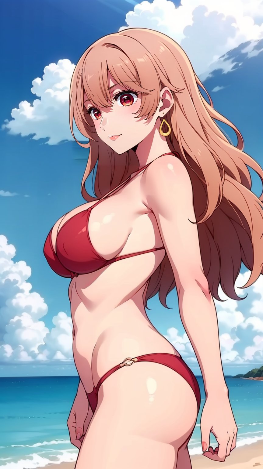 masterpiece, best quality, high resolution, highly detailed, HDR, intricate detail, ultra detailed,BREAK<lora:miyako saitou_moewaifu974:0.75>( long hair:1.3)_strawberry-blonde hair_(red eyes:1.3)_earrings,BREAK(from_side:1.3)_ (cowboy_shot:1.4)( Walking:1.5)_ looking_at_viewerBREAKkkw-b-bbBREAKBright sun shines on the sandy beach. Fluffy clouds dot the azure sky above. Waves crash, creating foamy bubbles.(cloud_sky_sunray:1.4)BREAK(Red bikini:1.3)