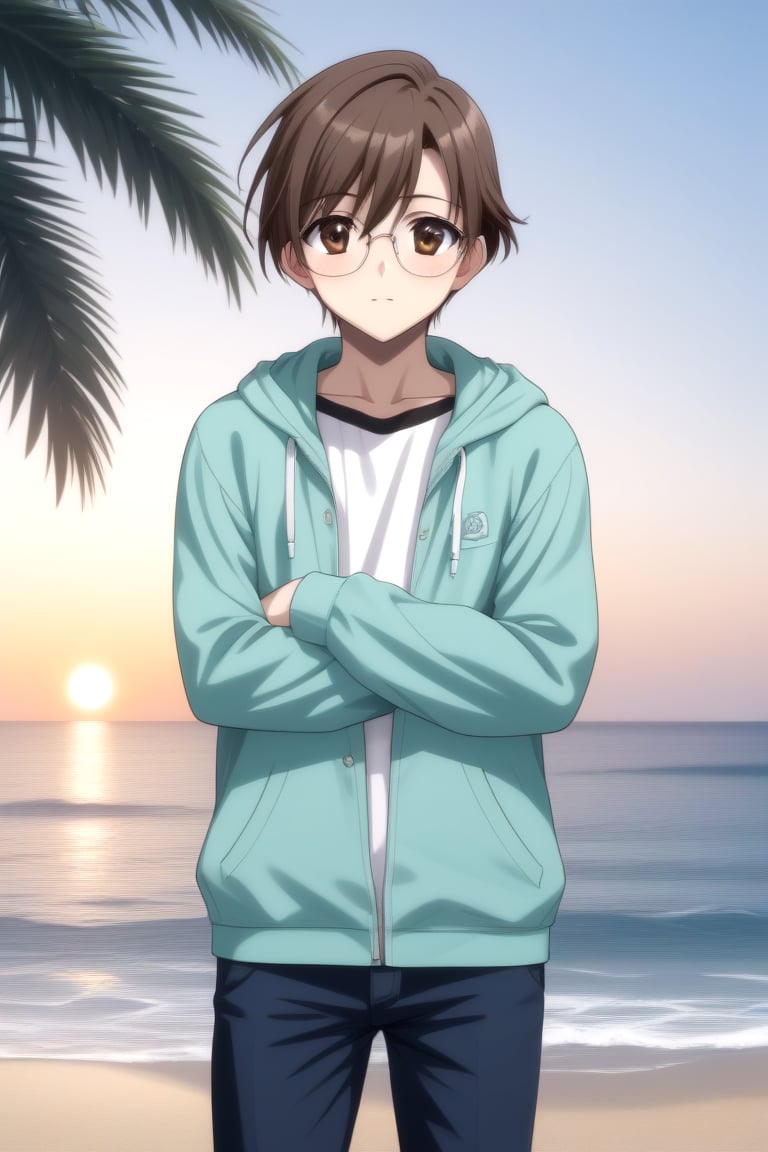 Highly detailed, High Quality, masterpiece, beautiful, BREAK 1boy, solo, male focus, 16 years old, yuuki ashikaga, brown hair, brown eyes, short hair, glasses, BREAK beach, palm trees, sea, outdoors, sunset, BREAK (open clothes), pants, green Hoodie, T-shirt, Hoodie, long sleeves,BREAK Front view, Focus waist, standing<lora:EMS-438646-EMS:0.800000>