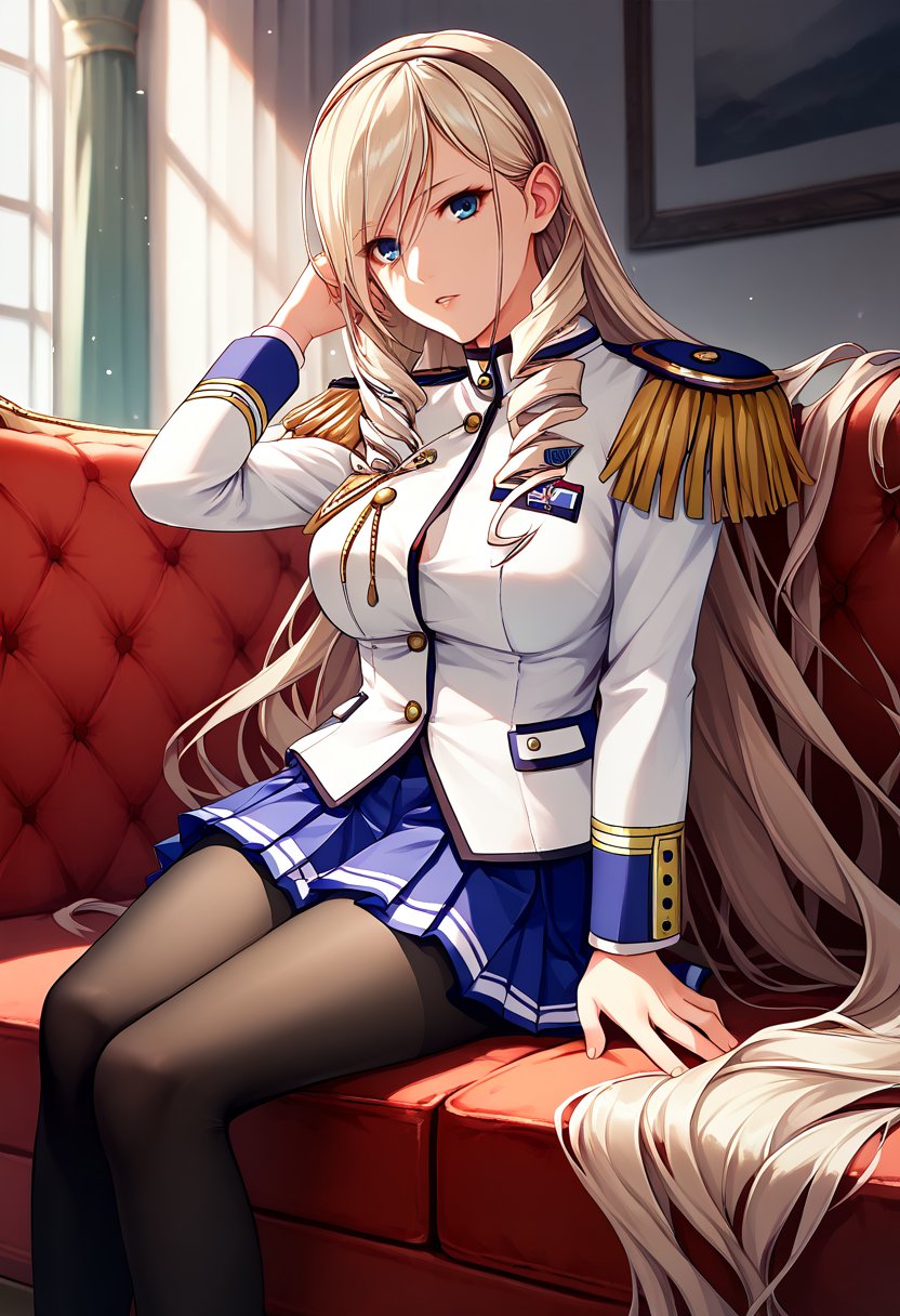 score_9, score_8_up, score_7_up, solo, 1girl, celia aintree, parted lips, looking at viewer, sitting, couch, hand in own hair, drill hair, hairband, military uniform, white shirt, epaulettes, buttons, long sleeves, blue skirt, pleated skirt, black pantyhose, large breasts, indoors <lora:walkureromanze_aintree_ponyXL:1>