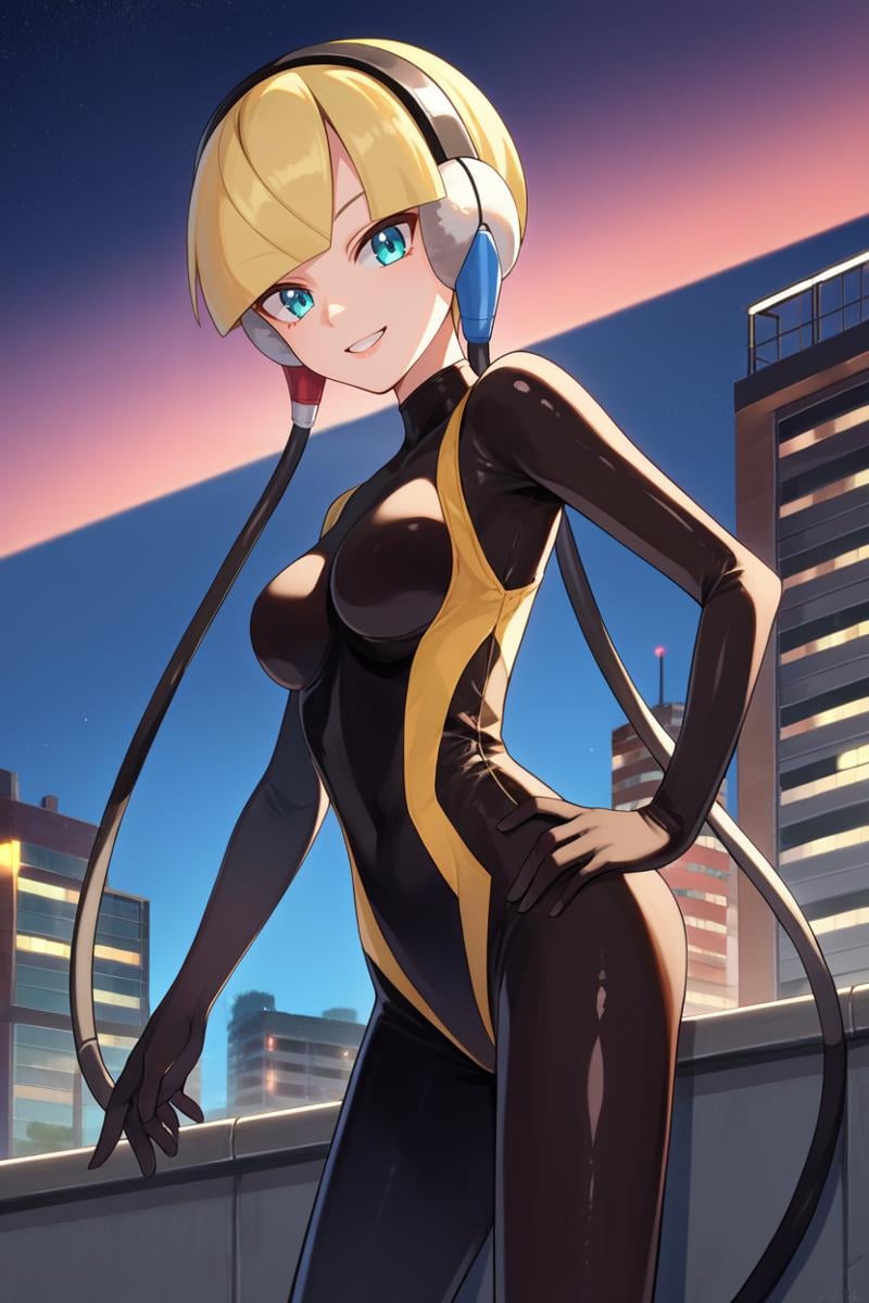 score_9, score_8_up, score_7_up, score_6_up, source_anime, BREAK 1girl, solo <lora:pkmnelesa-pdxl-nvwls-v1-000005:1> bw1ele, blonde hair, short hair, headphones, cable, black bodysuit, latex bodysuit, medium breasts, hand on hip, night, rooftop, looking at viewer, smile