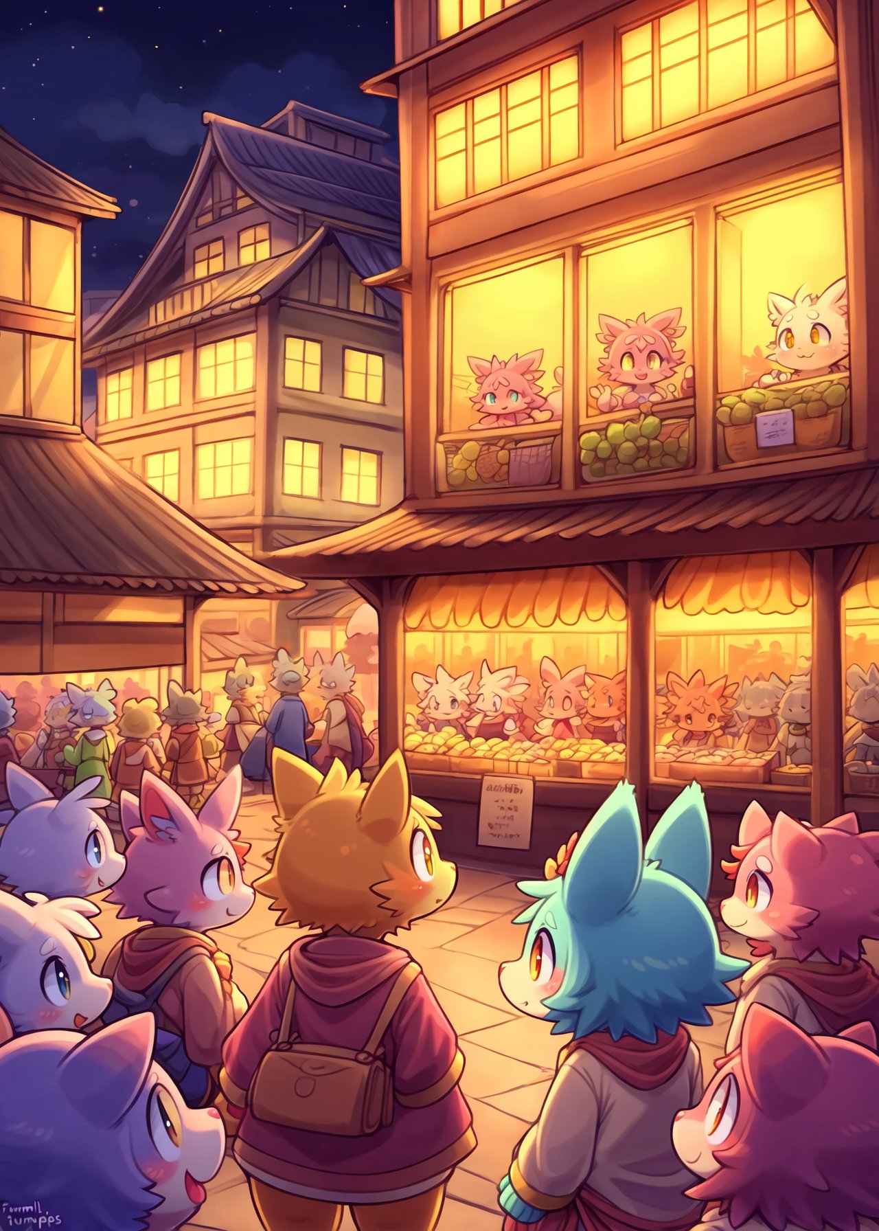 by Kyoto Animation, by Frumples, puzzle and dragons, market, building, plant, river, night, yellow light, (duo, surrounded, crowd, being watched, large group), detailed background, kemono, anime, toony, shaded, (high detail:1.3), absurd res